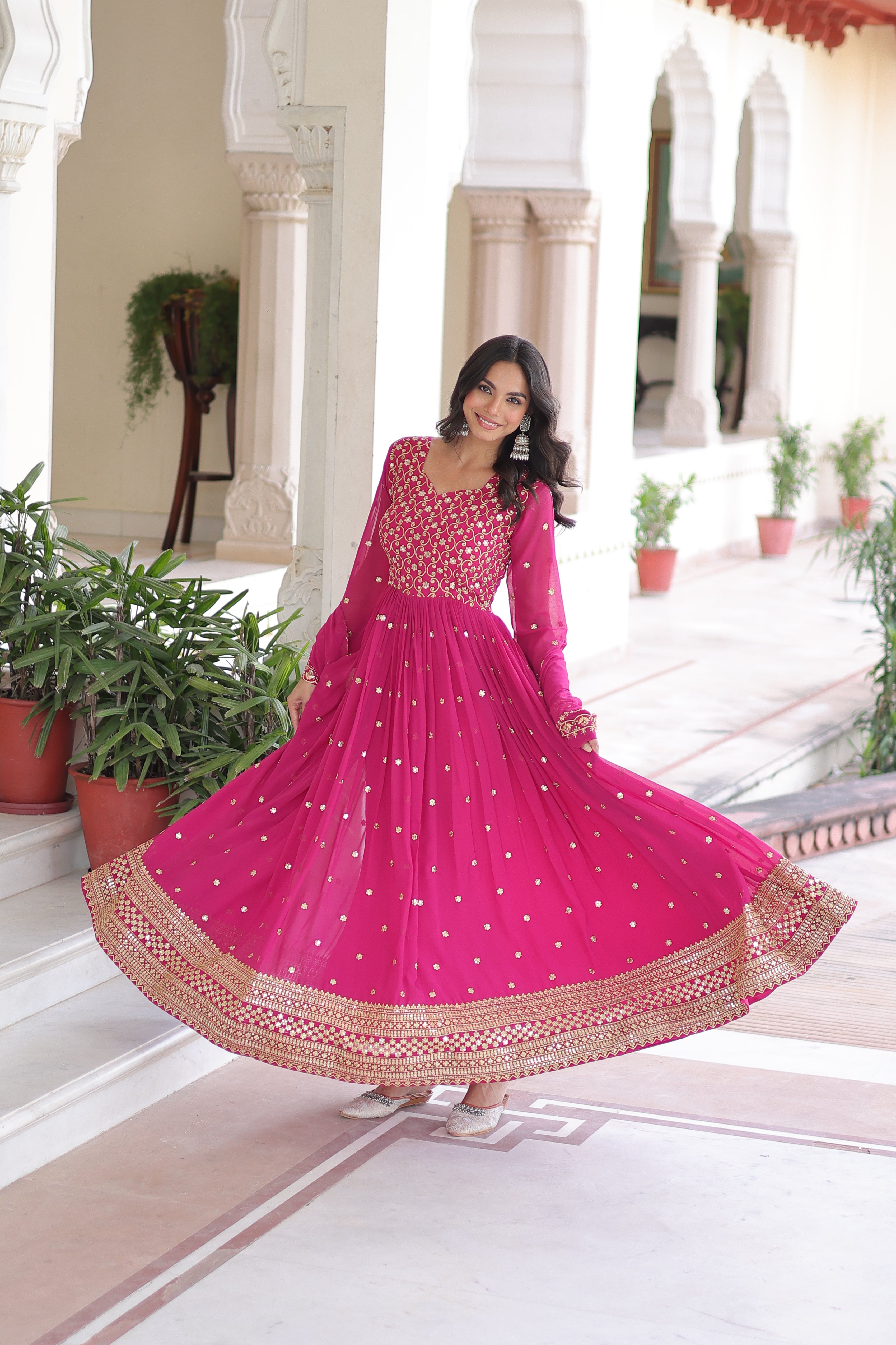 Aarini pink faux georgette gown with sequins zari embroidered work and dupatta