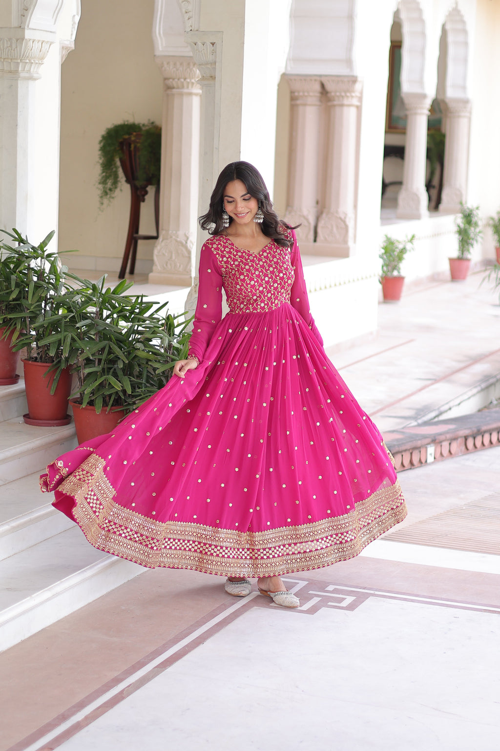 Aarini pink faux georgette gown with sequins zari embroidered work and dupatta
