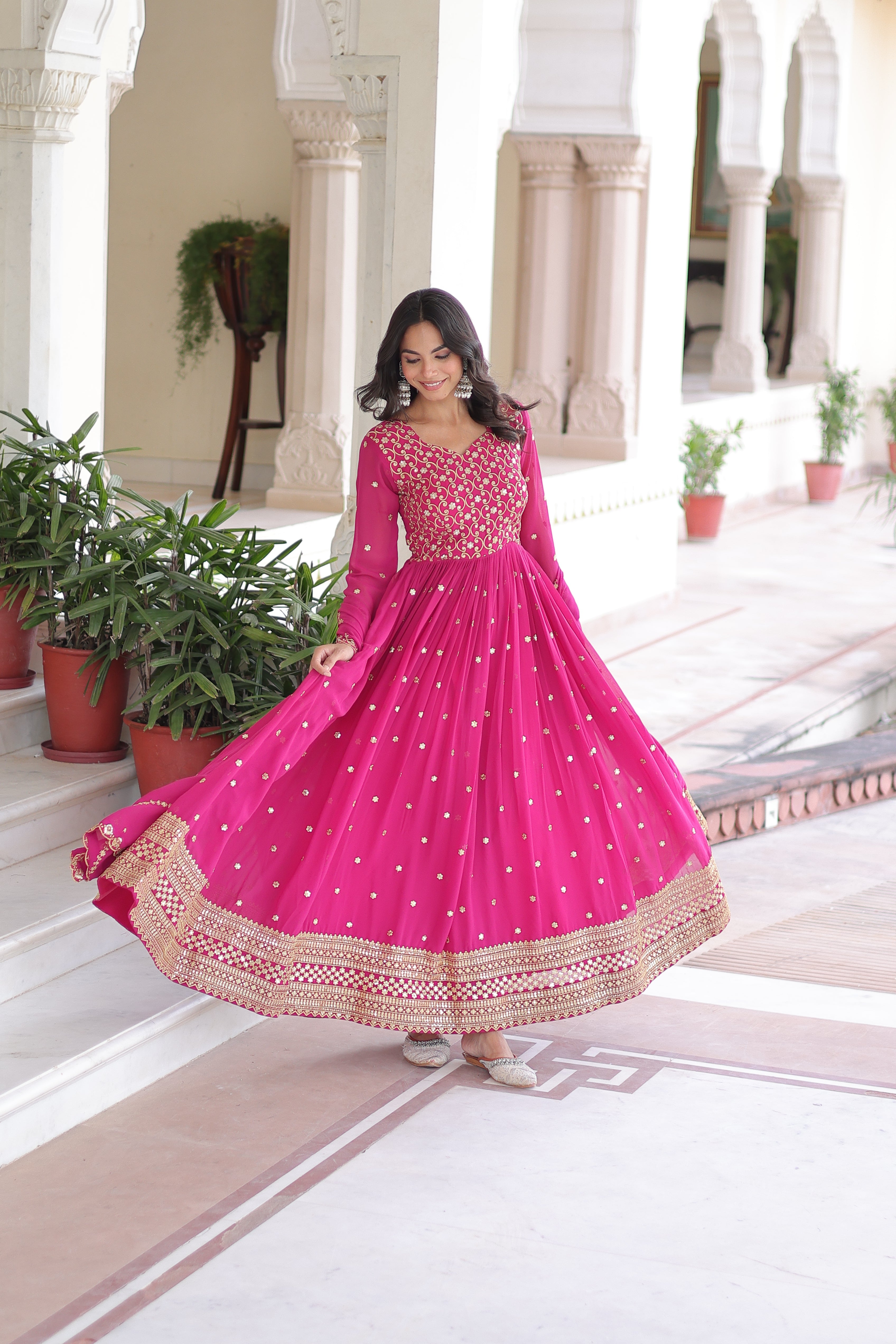 Aarini pink faux georgette gown with sequins zari embroidered work and dupatta
