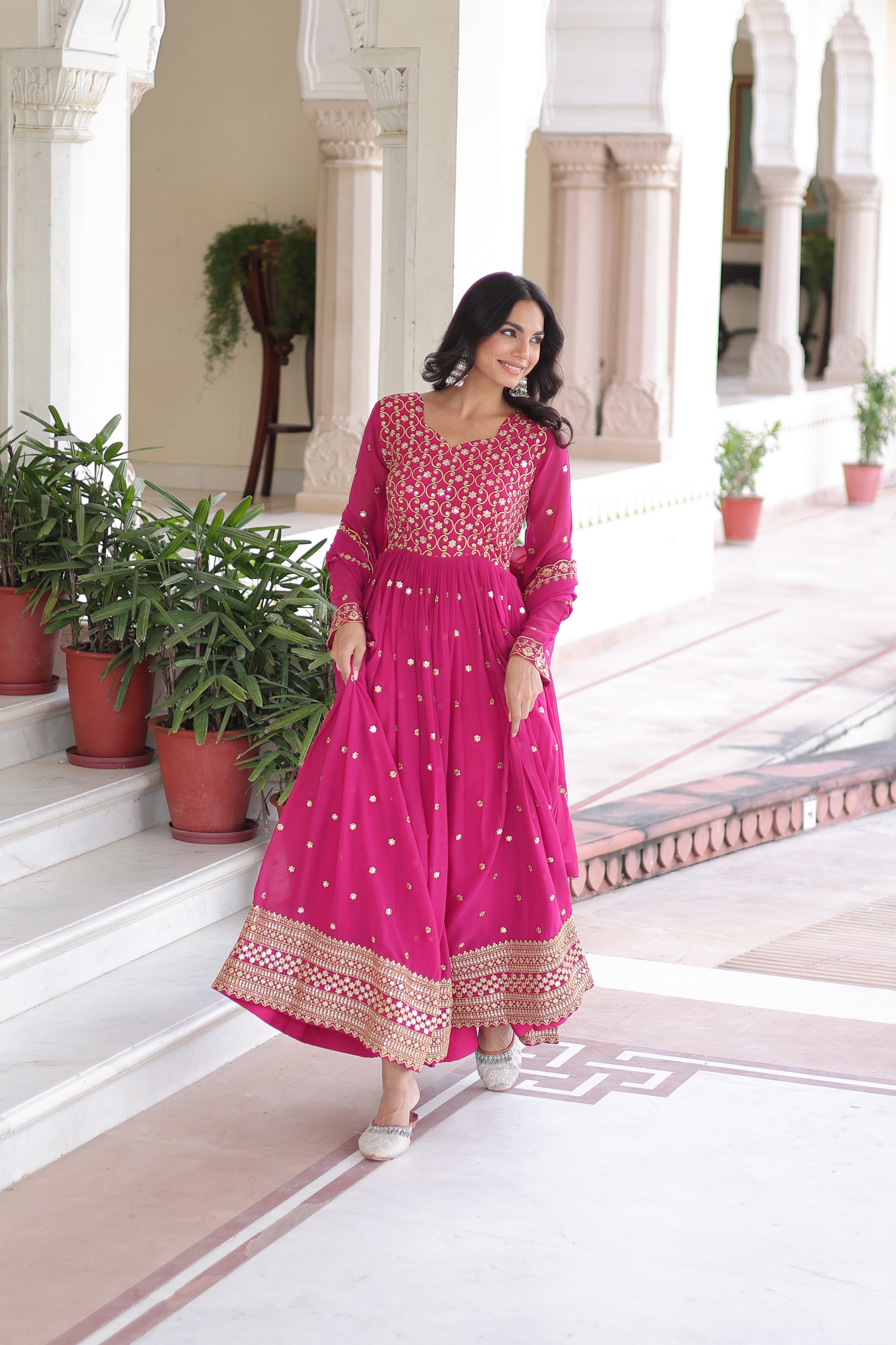 Aarini pink faux georgette gown with sequins zari embroidered work and dupatta