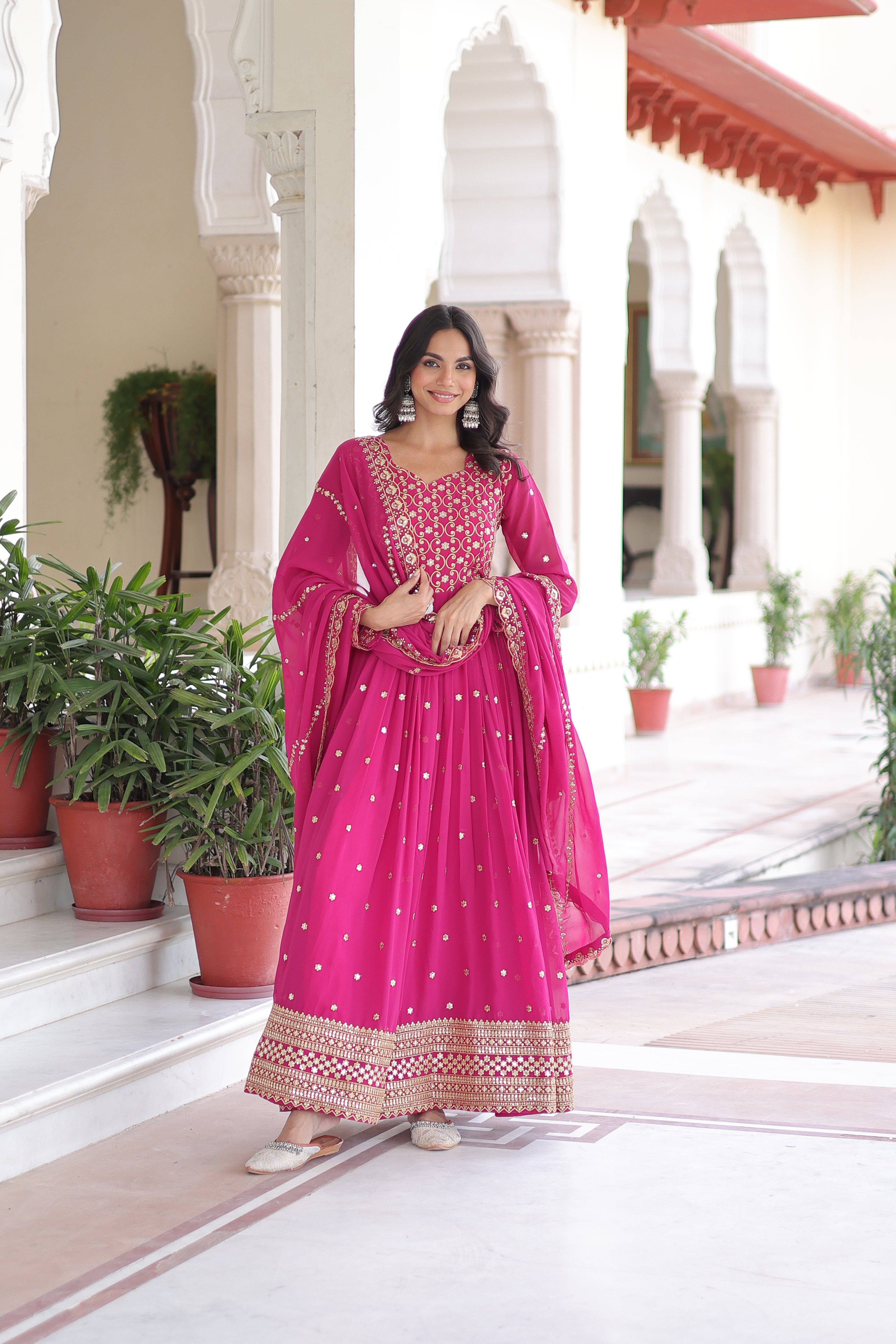 Aarini pink faux georgette gown with sequins zari embroidered work and dupatta