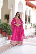 Aarini pink faux georgette gown with sequins zari embroidered work and dupatta