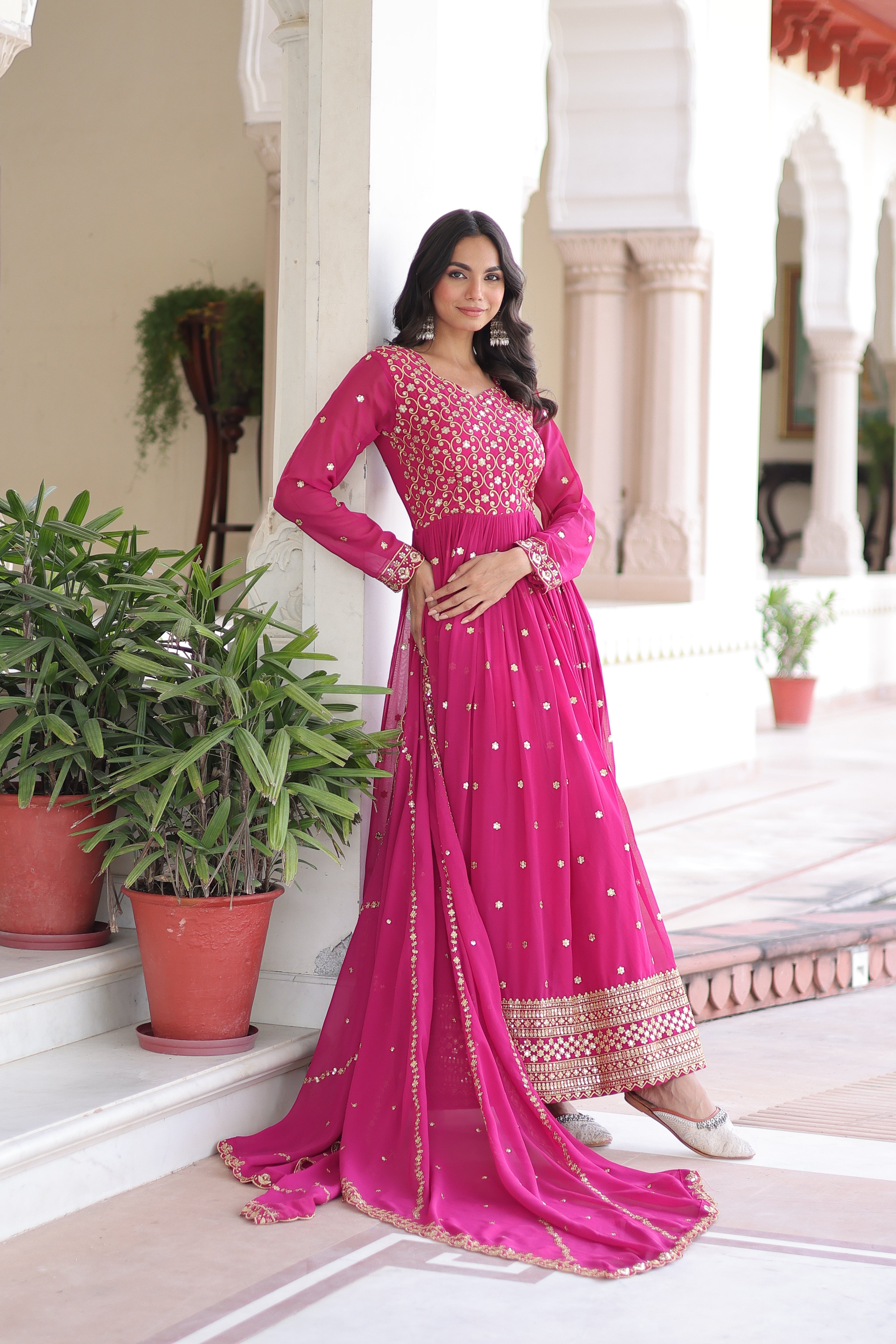 Aarini pink faux georgette gown with sequins zari embroidered work and dupatta