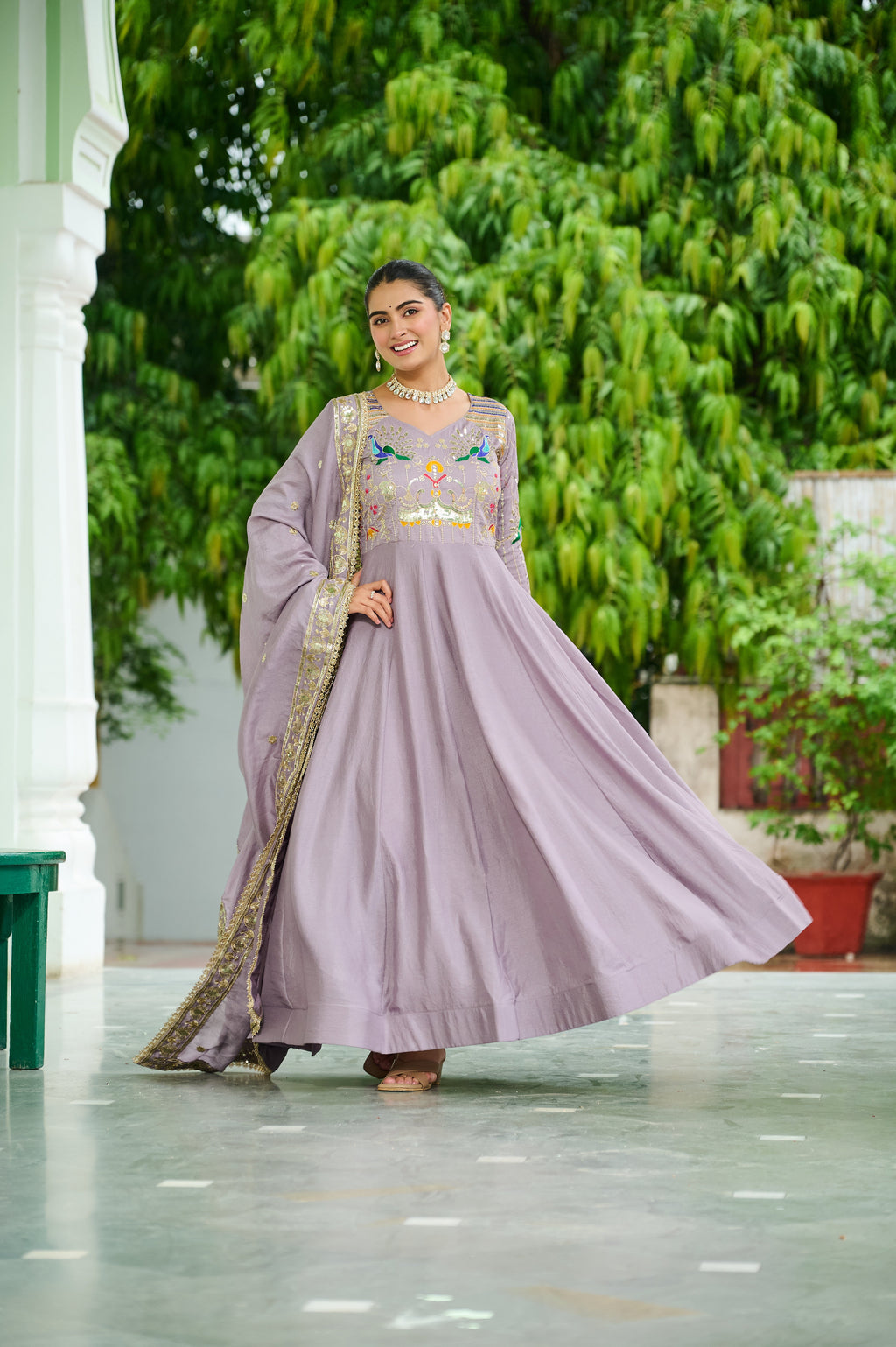 Ruvani onion pink Vichitra silk gown with sequins multi thread zari embroidery and dupatta