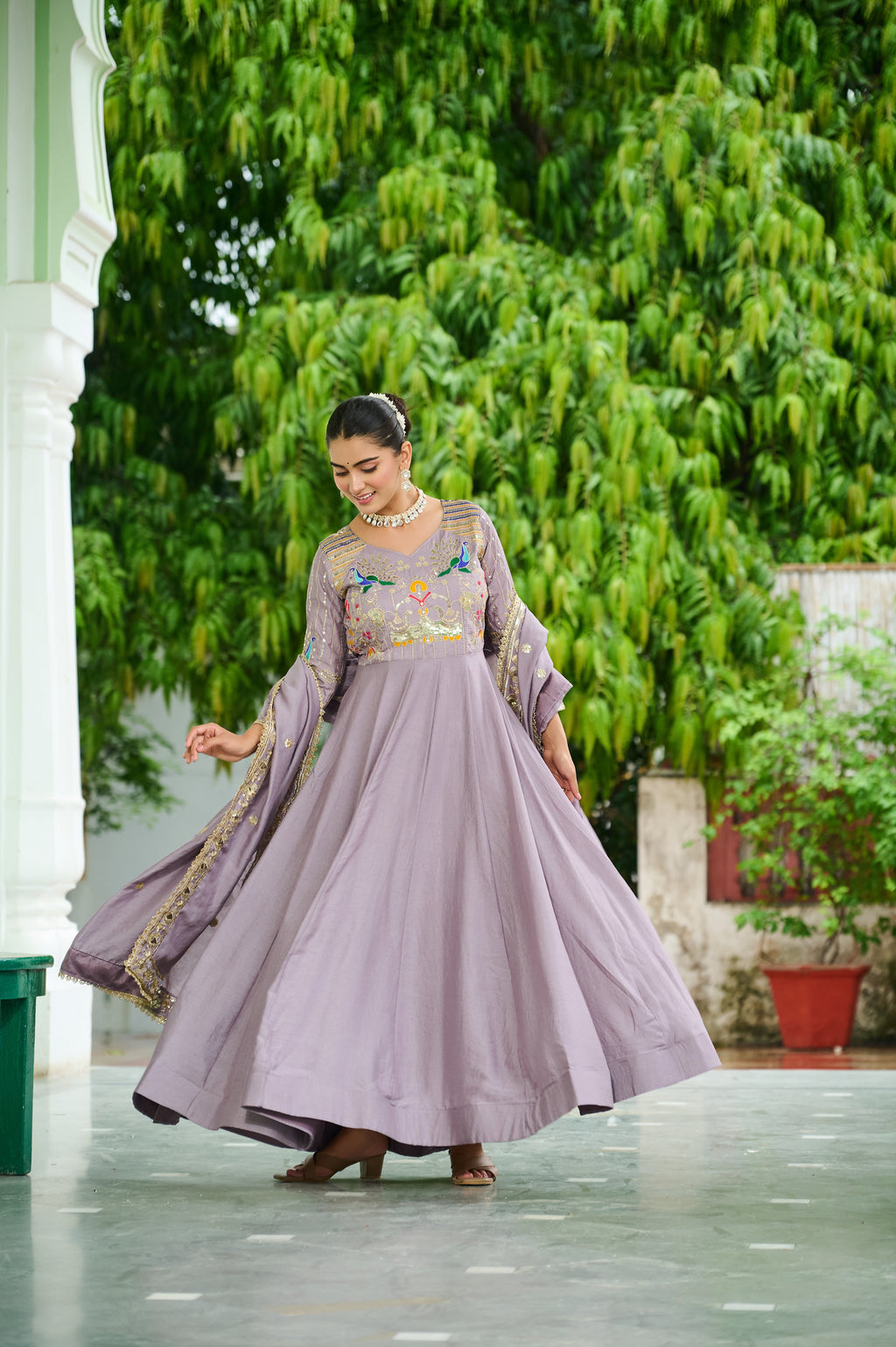 Ruvani onion pink Vichitra silk gown with sequins multi thread zari embroidery and dupatta