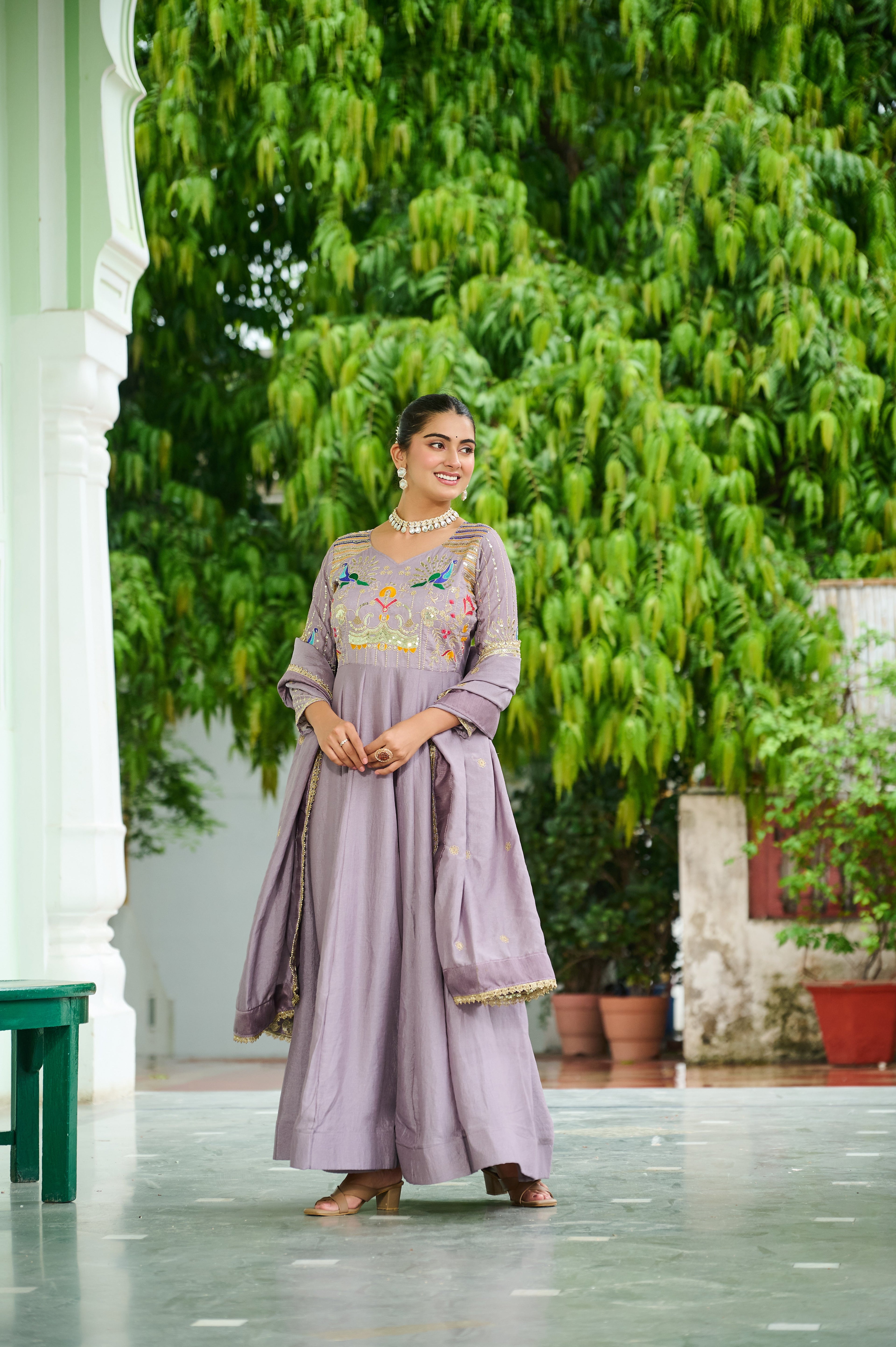 Ruvani onion pink Vichitra silk gown with sequins multi thread zari embroidery and dupatta