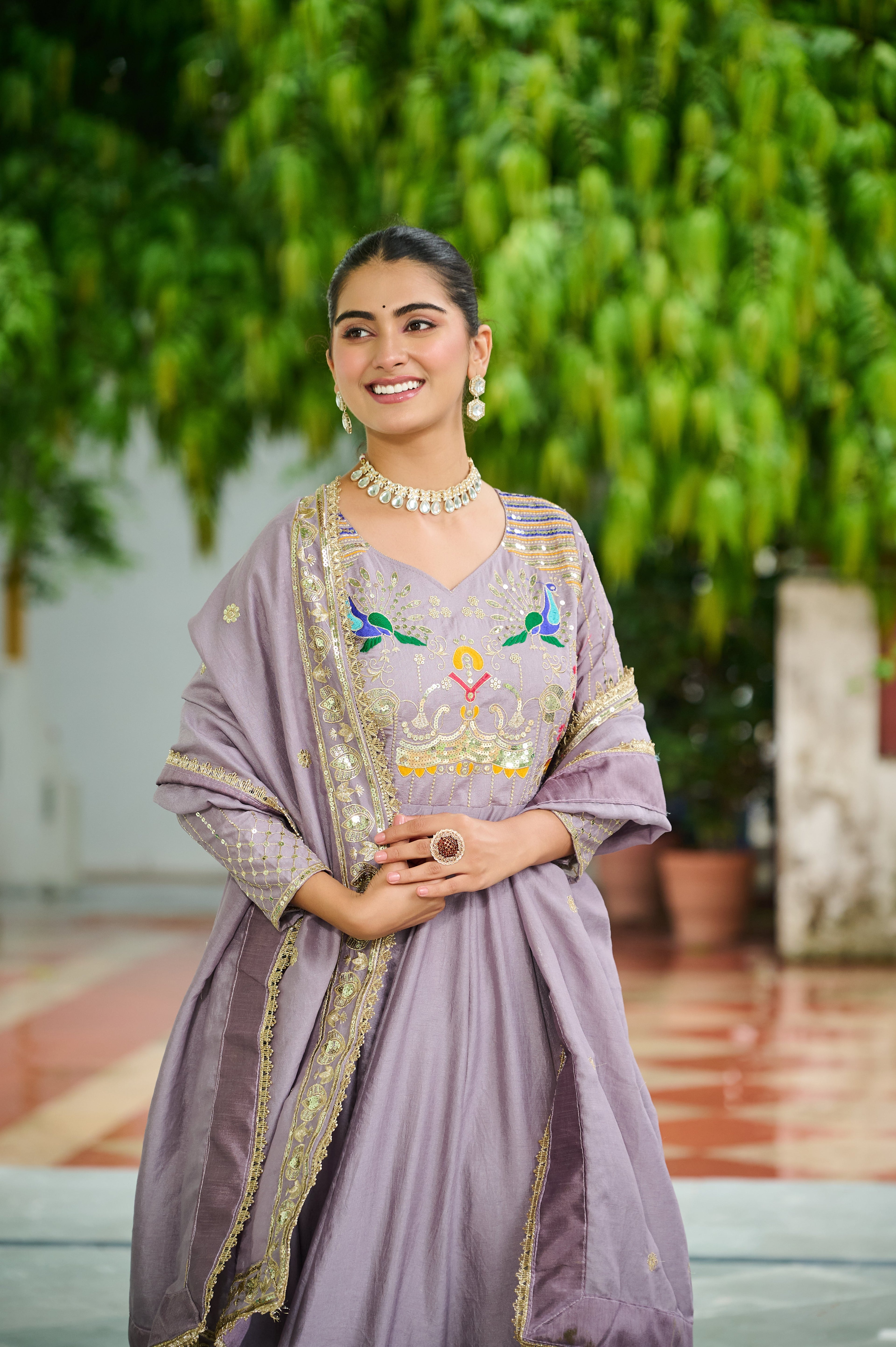 Ruvani onion pink Vichitra silk gown with sequins multi thread zari embroidery and dupatta