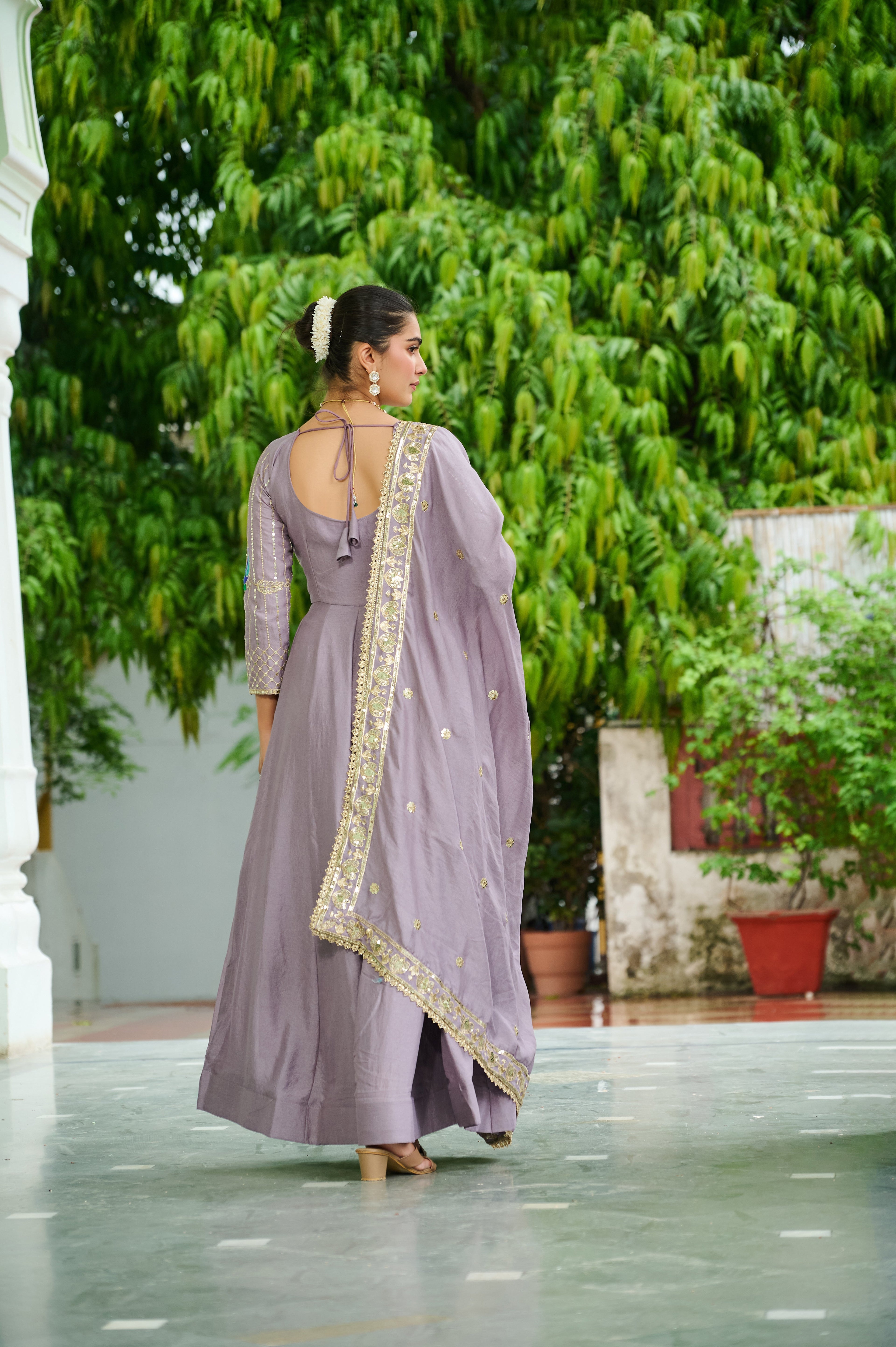 Ruvani onion pink Vichitra silk gown with sequins multi thread zari embroidery and dupatta
