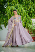 Ruvani onion pink Vichitra silk gown with sequins multi thread zari embroidery and dupatta