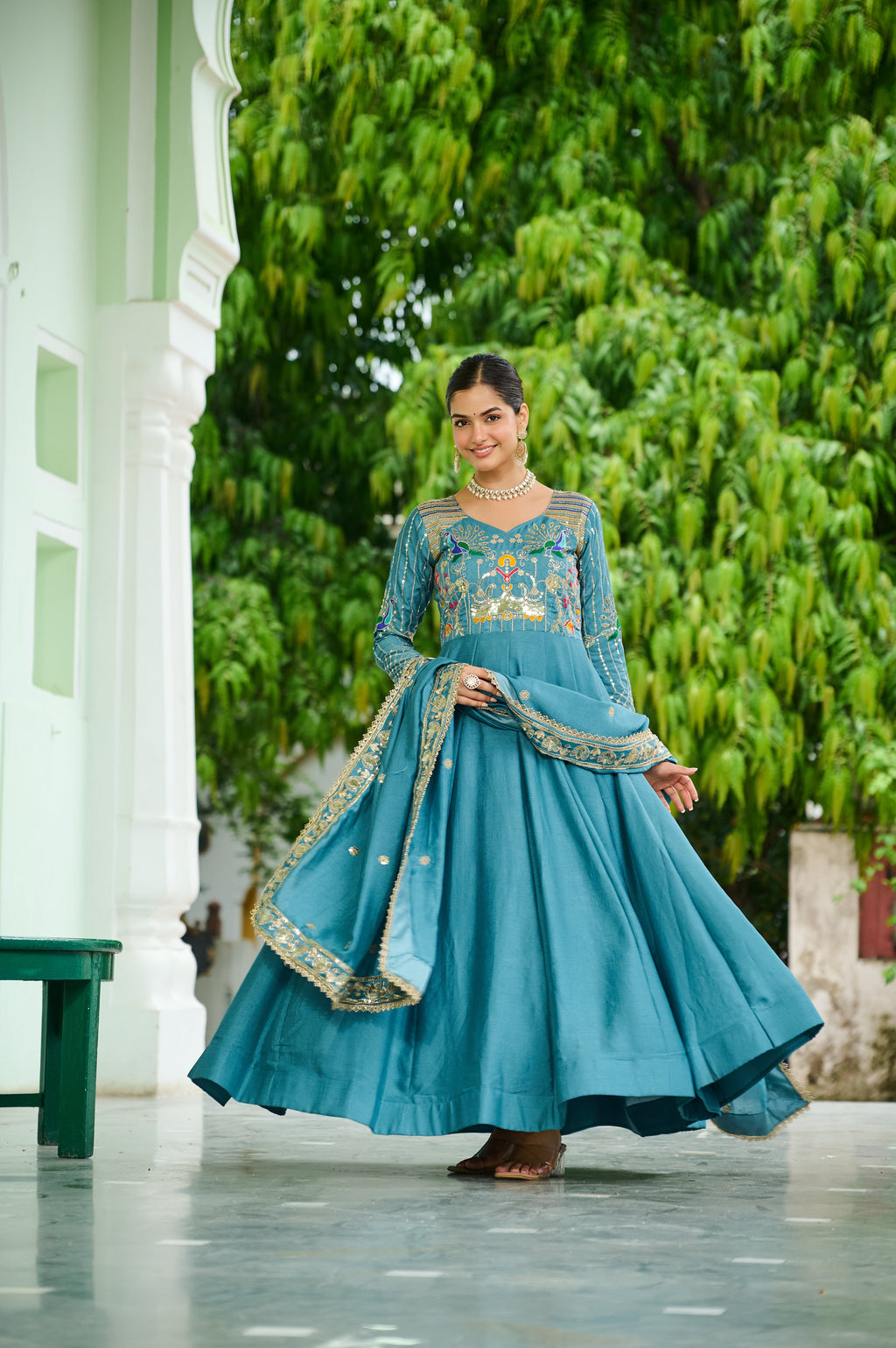 Ruvani sky blue Vichitra silk gown with sequins multi thread zari embroidery and dupatta