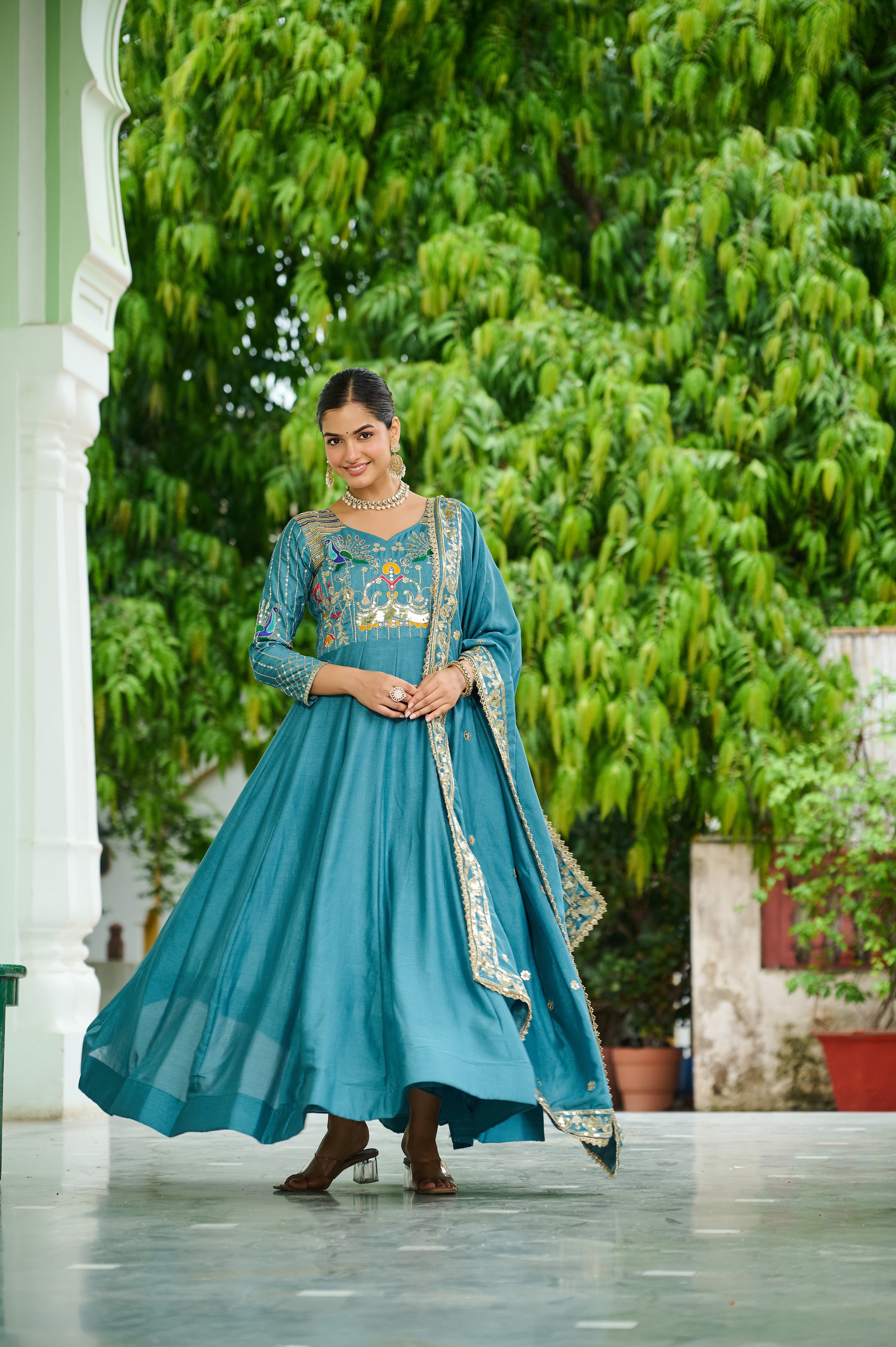 Ruvani sky blue Vichitra silk gown with sequins multi thread zari embroidery and dupatta