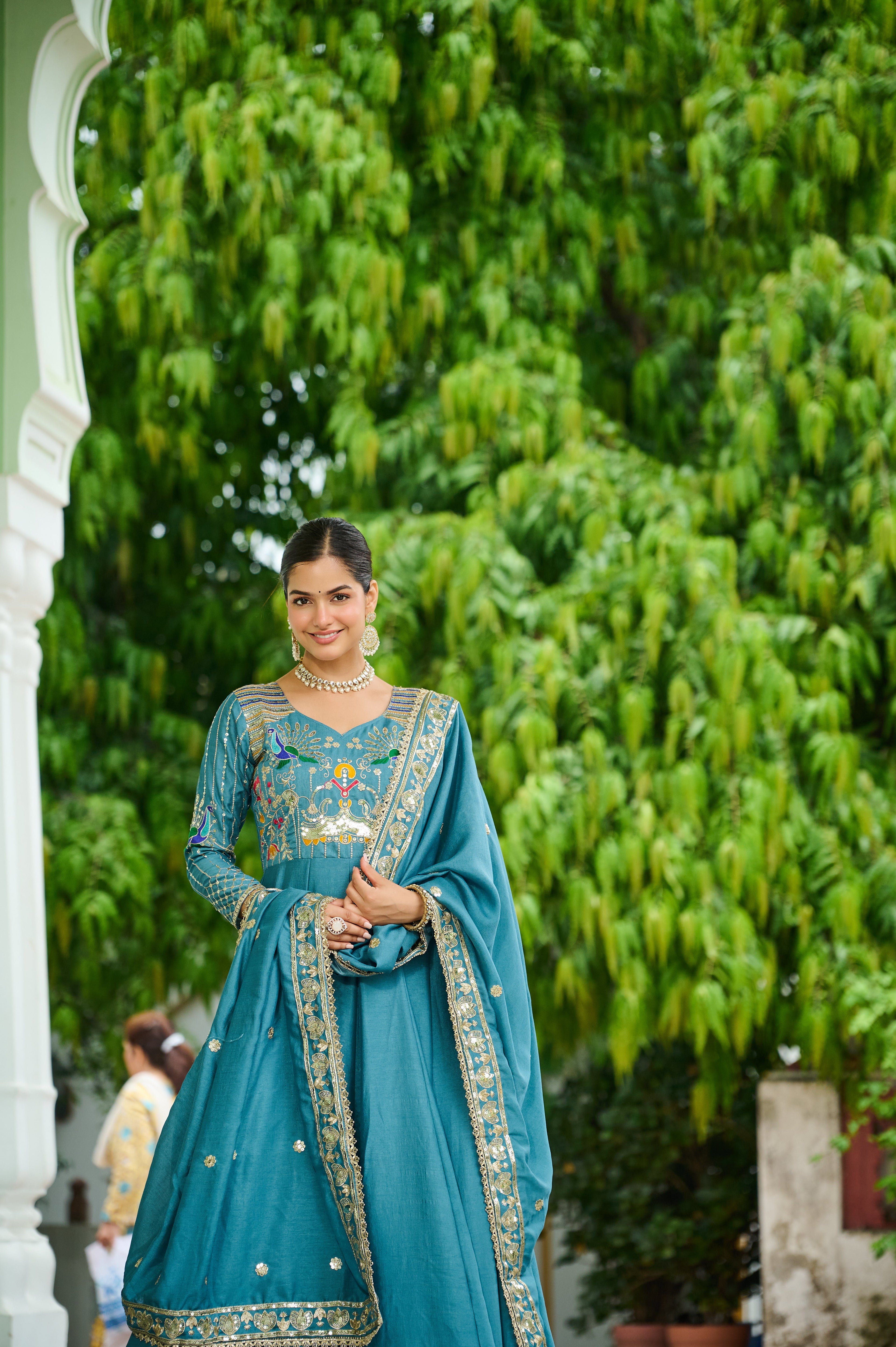 Ruvani sky blue Vichitra silk gown with sequins multi thread zari embroidery and dupatta
