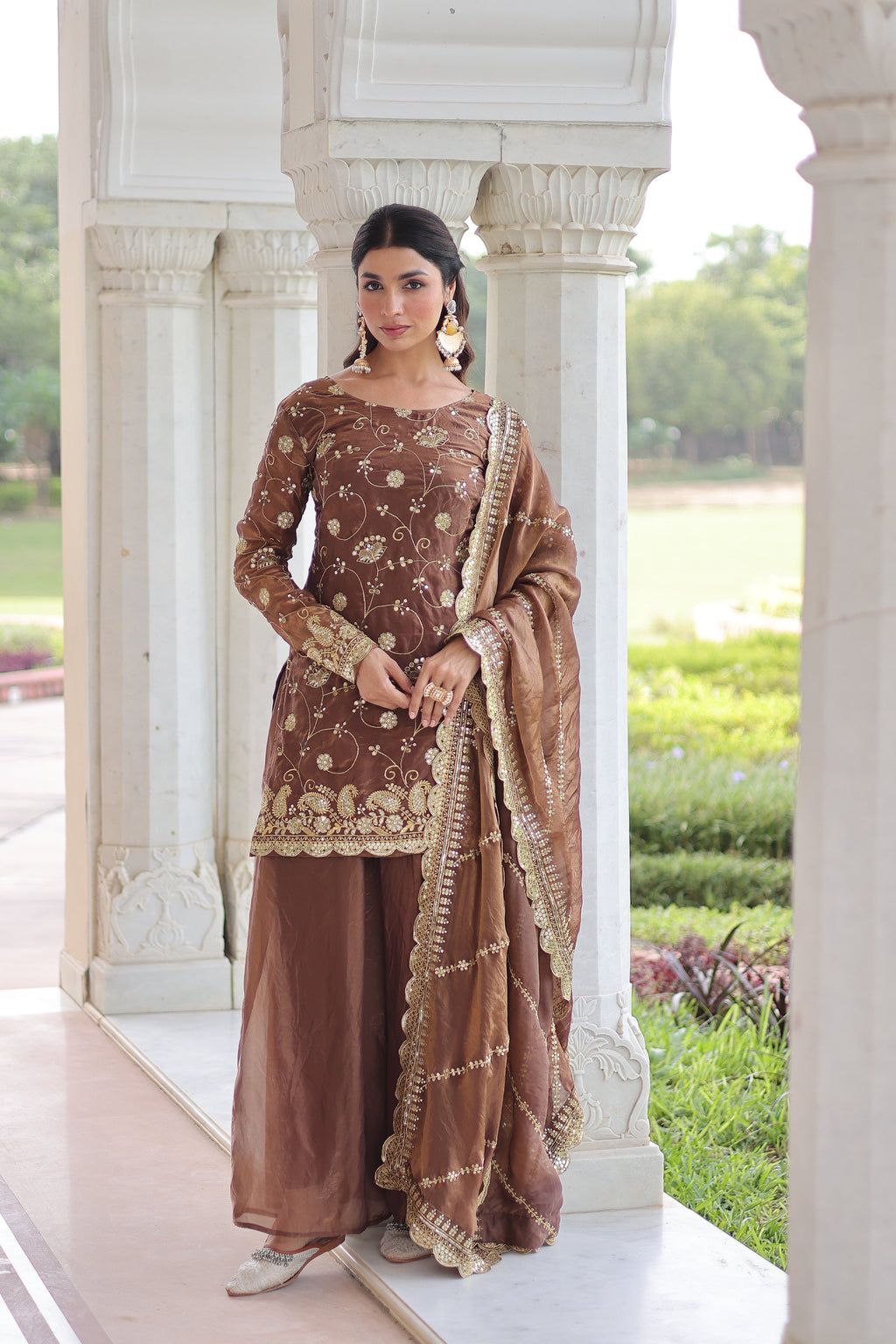 Nura coffee brown Fendy silk kurti sharara set with rich sequins embroidered work