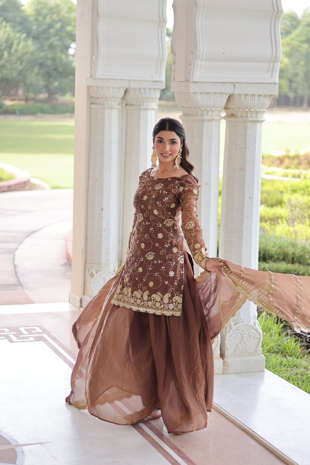 Nura coffee brown Fendy silk kurti sharara set with rich sequins embroidered work