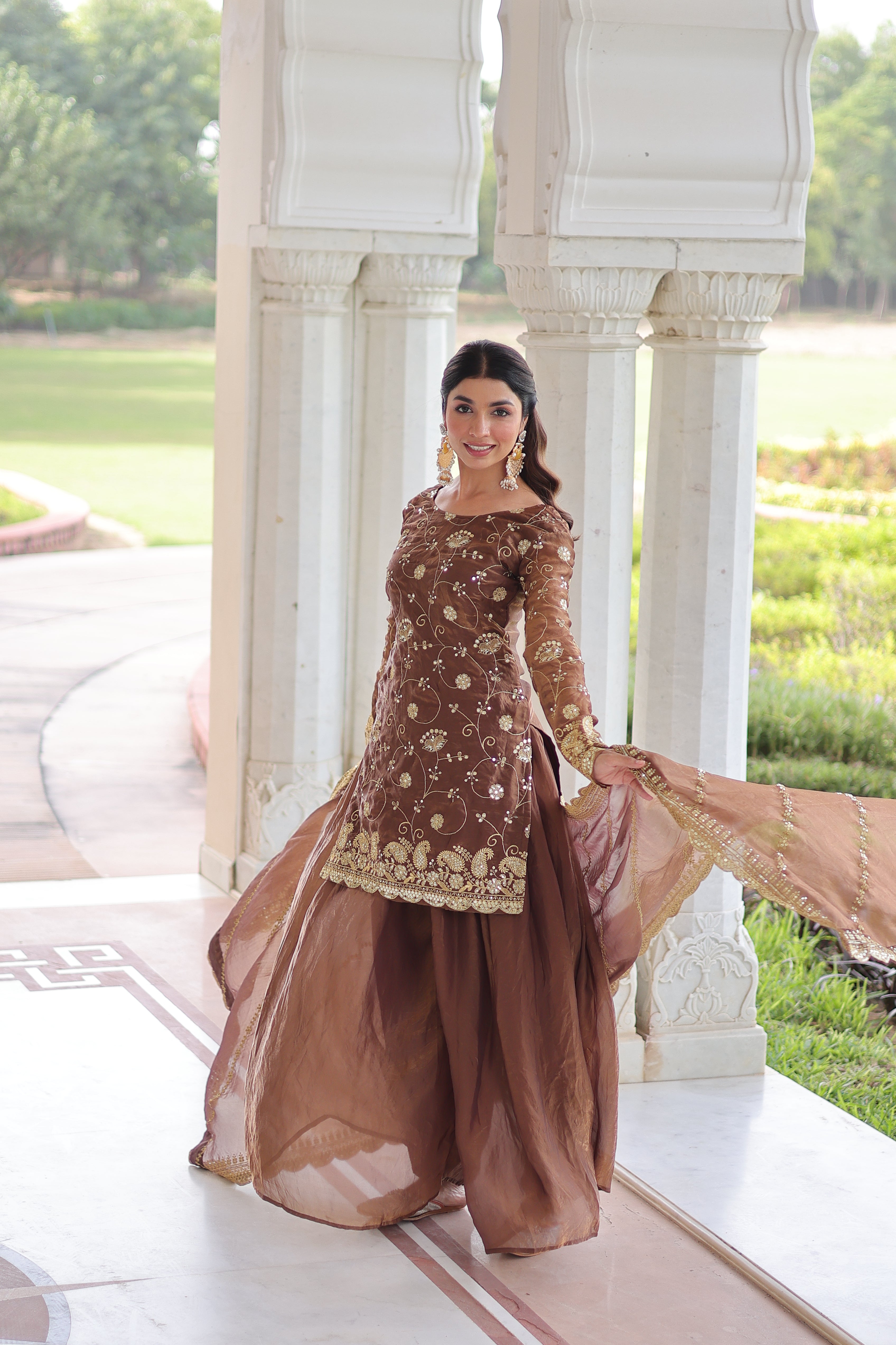 Nura coffee brown Fendy silk kurti sharara set with rich sequins embroidered work