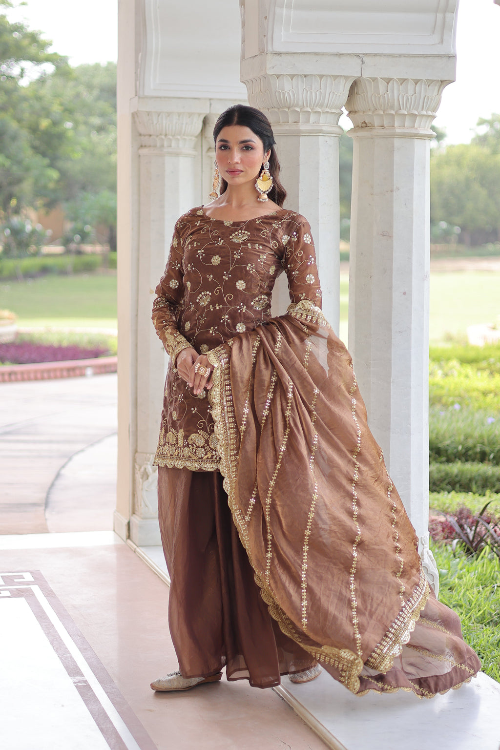 Nura coffee brown Fendy silk kurti sharara set with rich sequins embroidered work