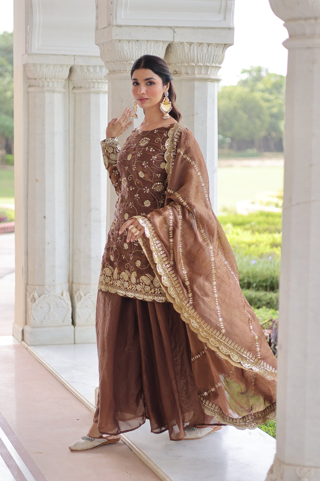 Nura coffee brown Fendy silk kurti sharara set with rich sequins embroidered work