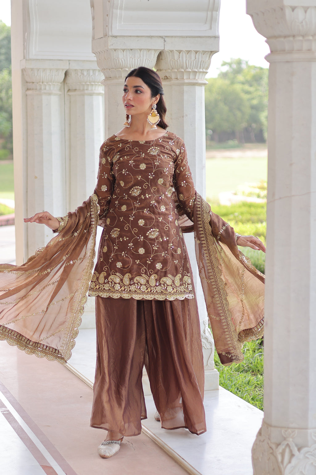 Nura coffee brown Fendy silk kurti sharara set with rich sequins embroidered work