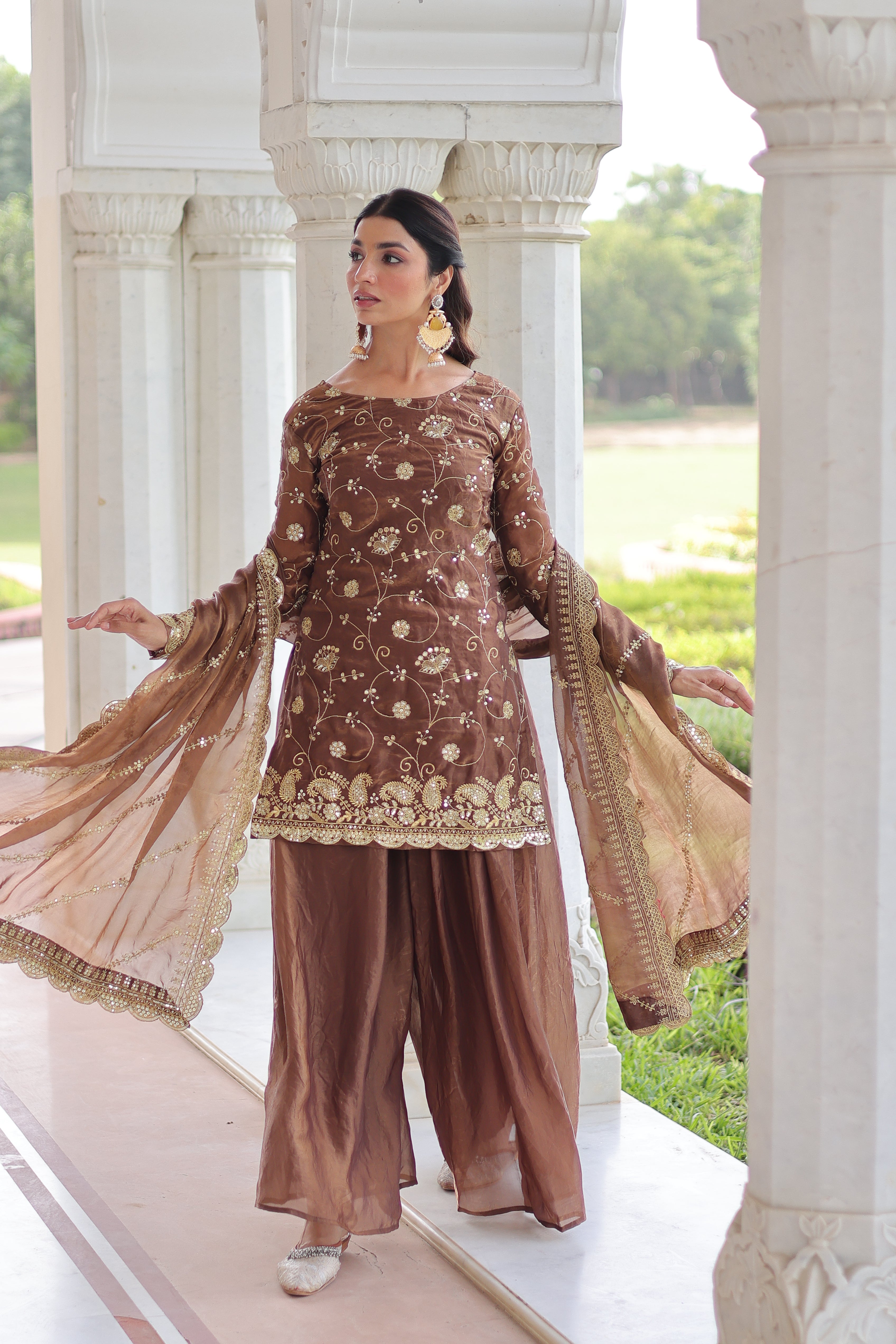 Nura coffee brown Fendy silk kurti sharara set with rich sequins embroidered work