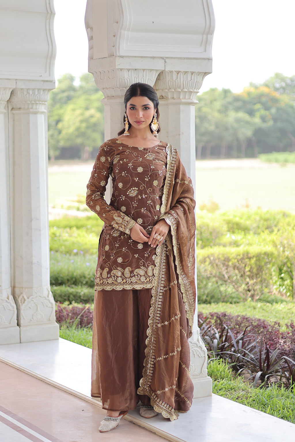 Nura coffee brown Fendy silk kurti sharara set with rich sequins embroidered work