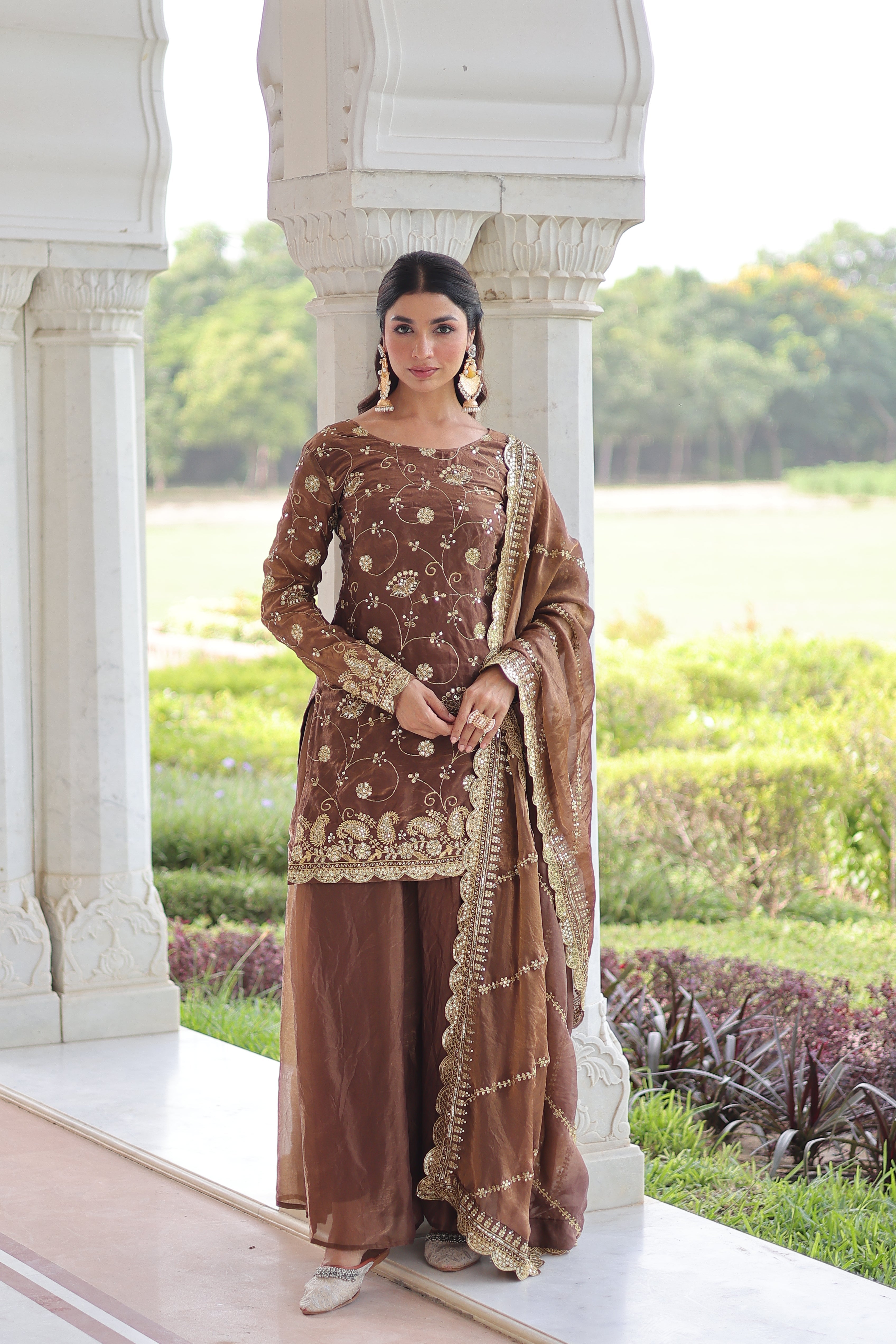 Nura coffee brown Fendy silk kurti sharara set with rich sequins embroidered work