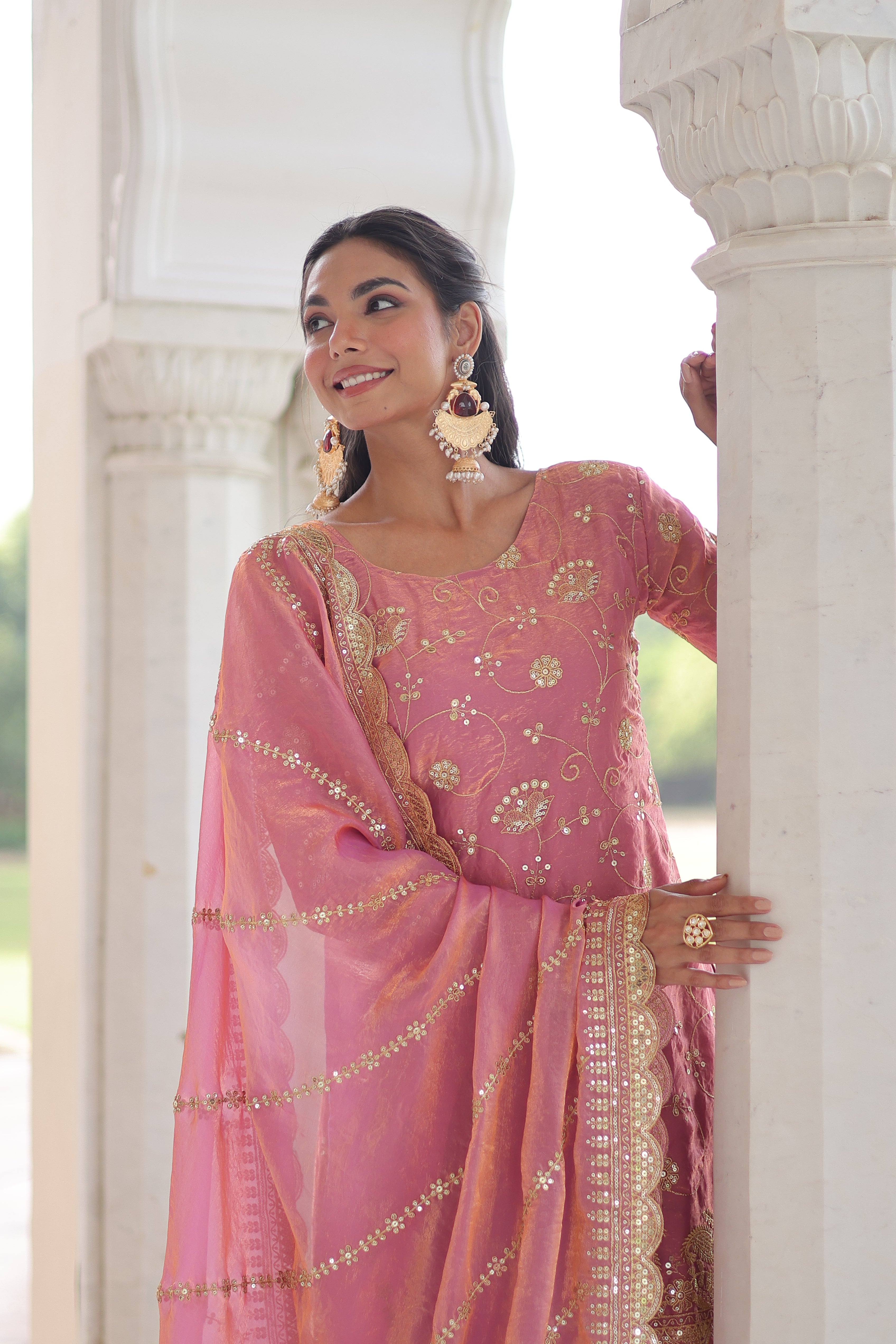 Nura pink Fendy silk kurti sharara set with rich sequins embroidered work