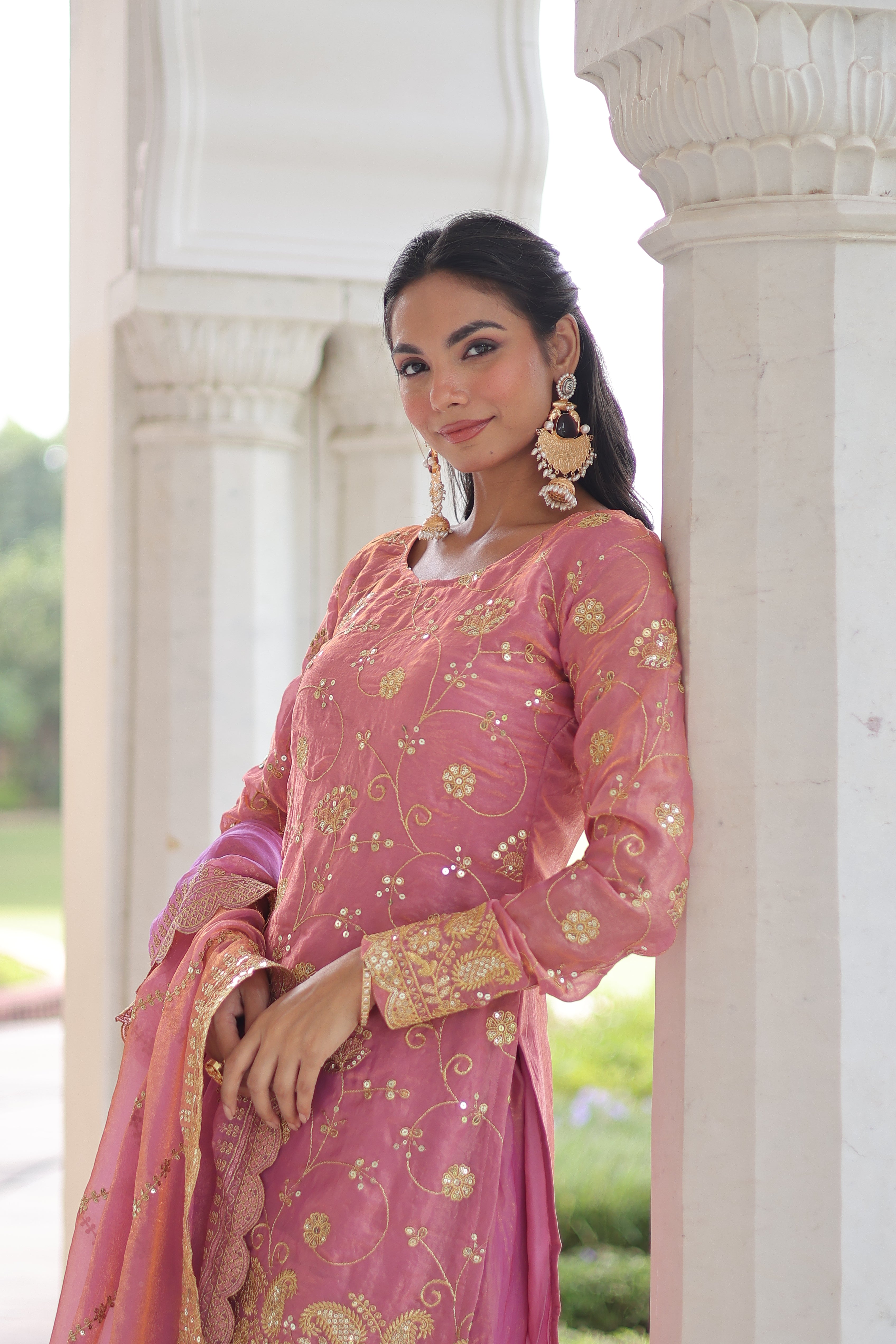 Nura pink Fendy silk kurti sharara set with rich sequins embroidered work