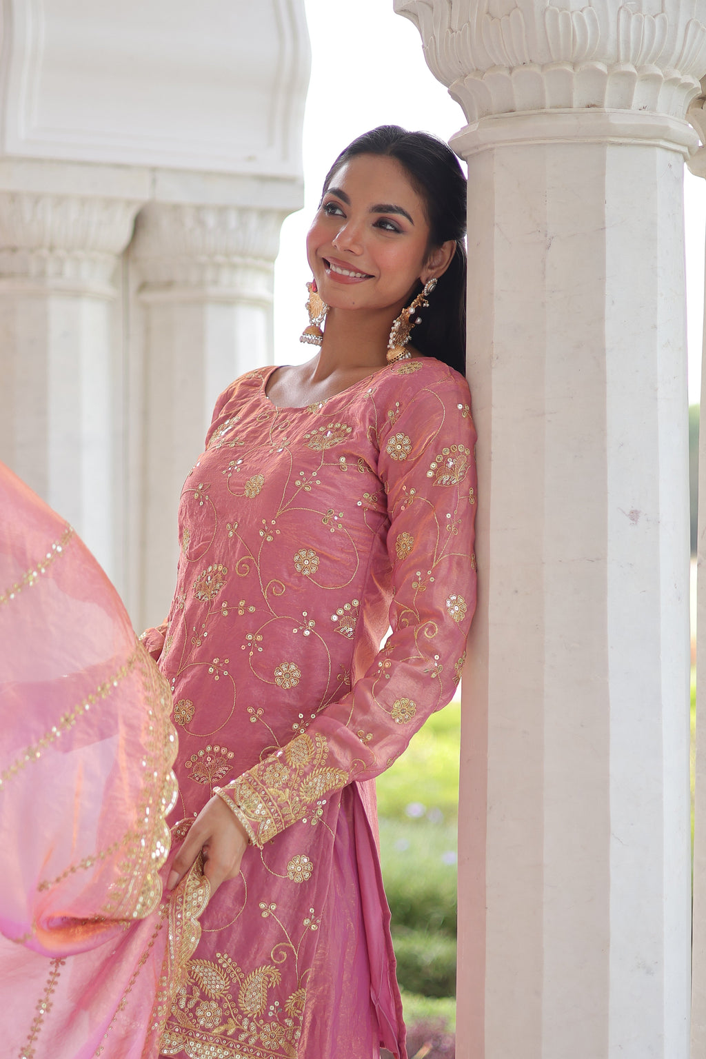Nura pink Fendy silk kurti sharara set with rich sequins embroidered work