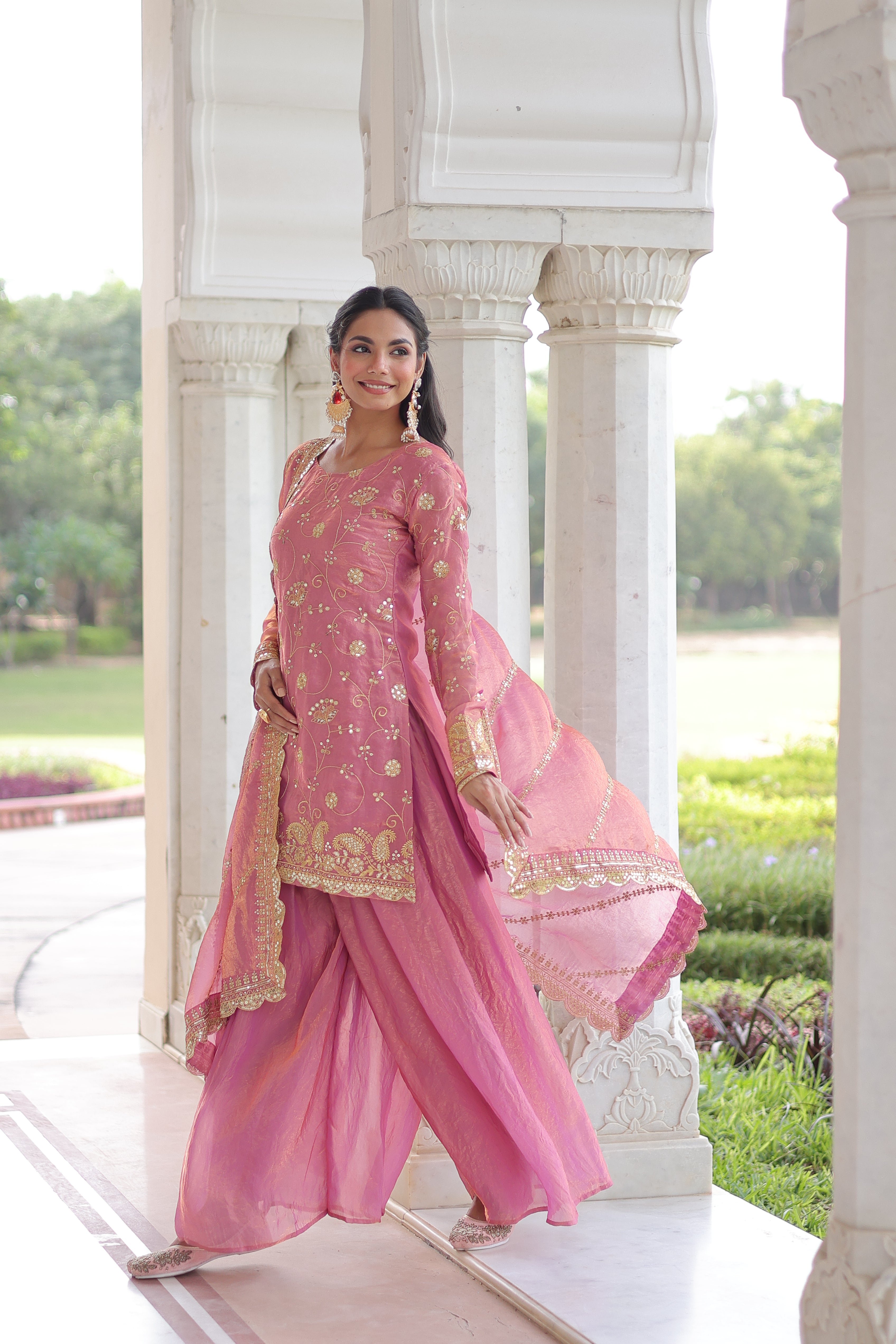Nura pink Fendy silk kurti sharara set with rich sequins embroidered work