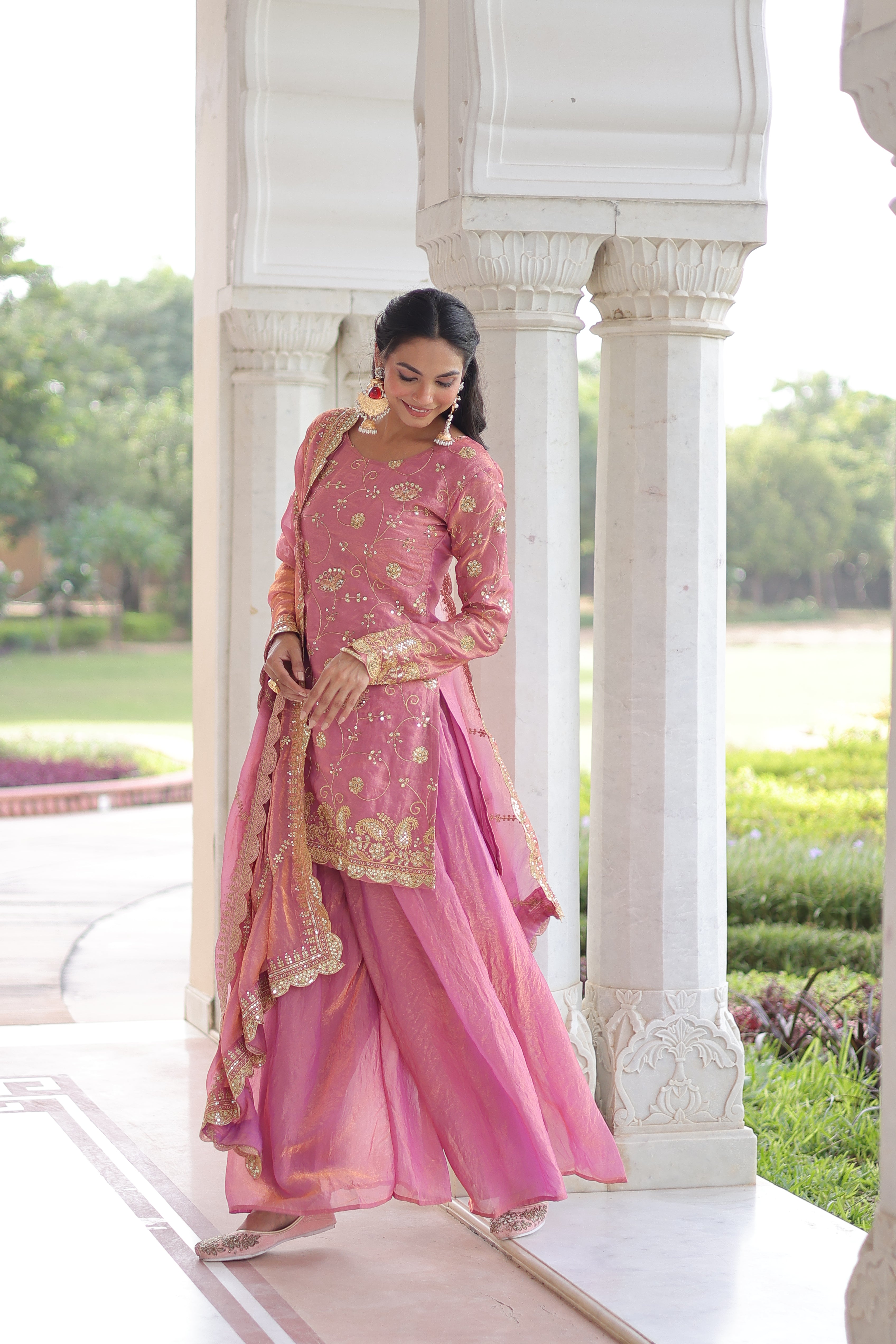 Nura pink Fendy silk kurti sharara set with rich sequins embroidered work