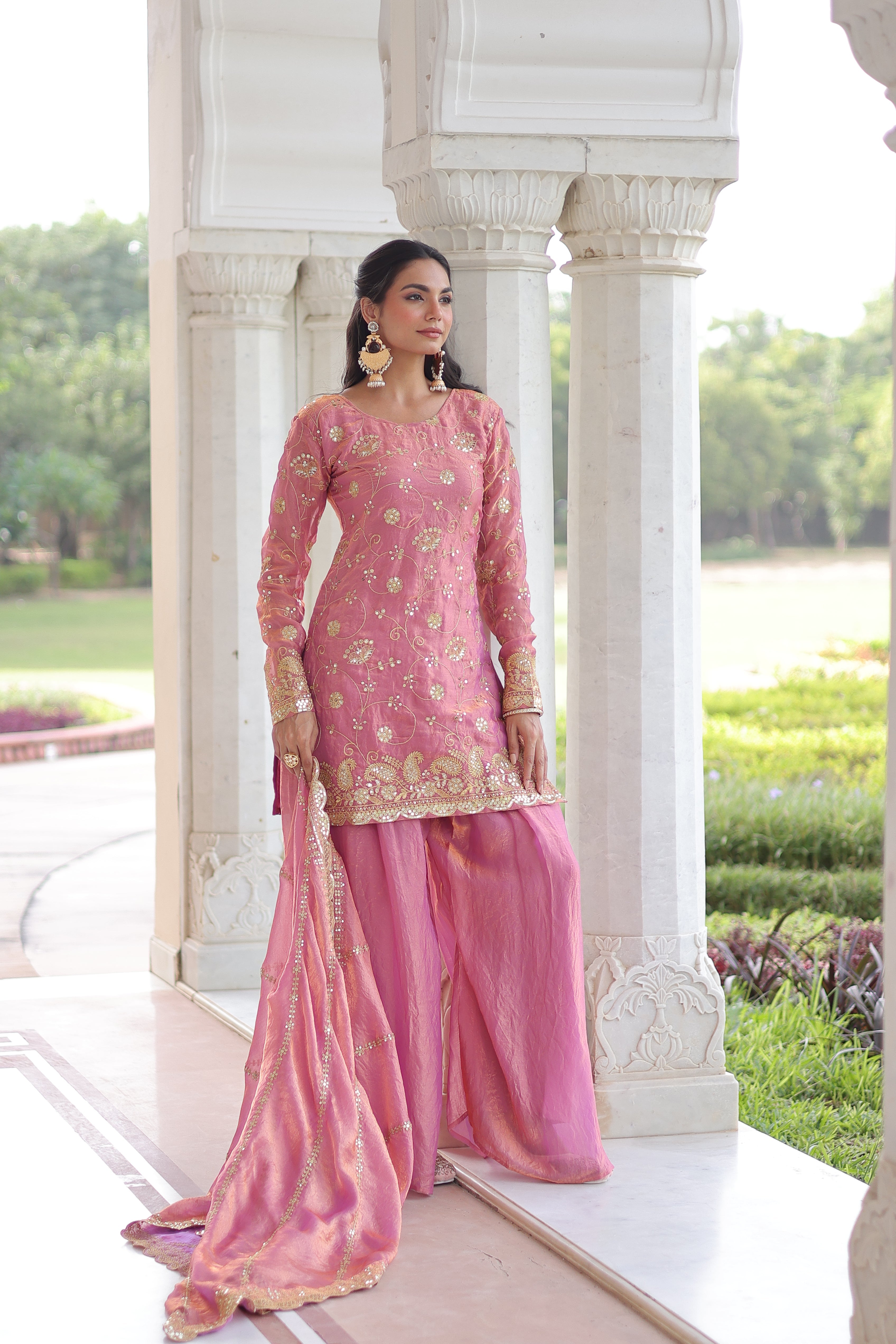 Nura pink Fendy silk kurti sharara set with rich sequins embroidered work