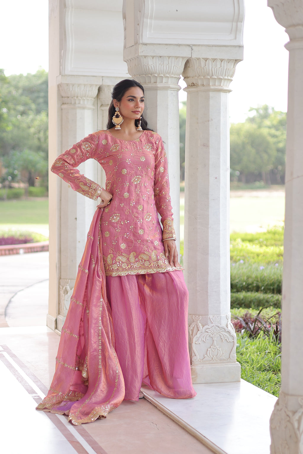 Nura pink Fendy silk kurti sharara set with rich sequins embroidered work