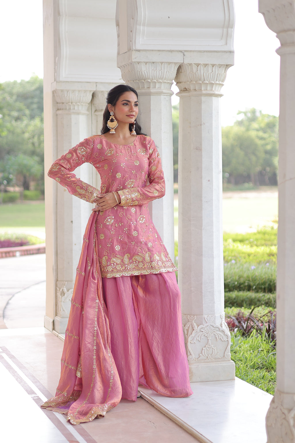 Nura pink Fendy silk kurti sharara set with rich sequins embroidered work