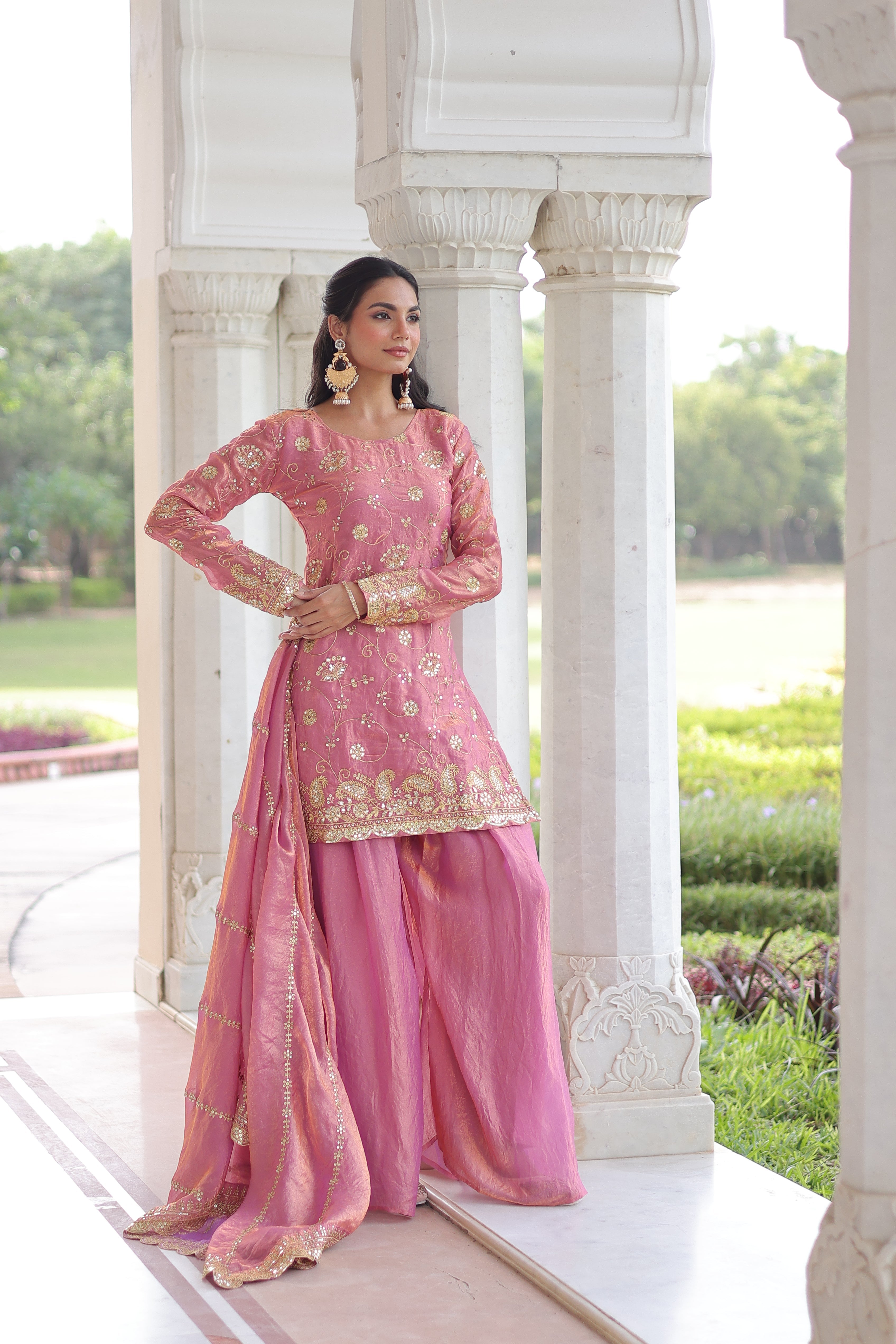 Nura pink Fendy silk kurti sharara set with rich sequins embroidered work
