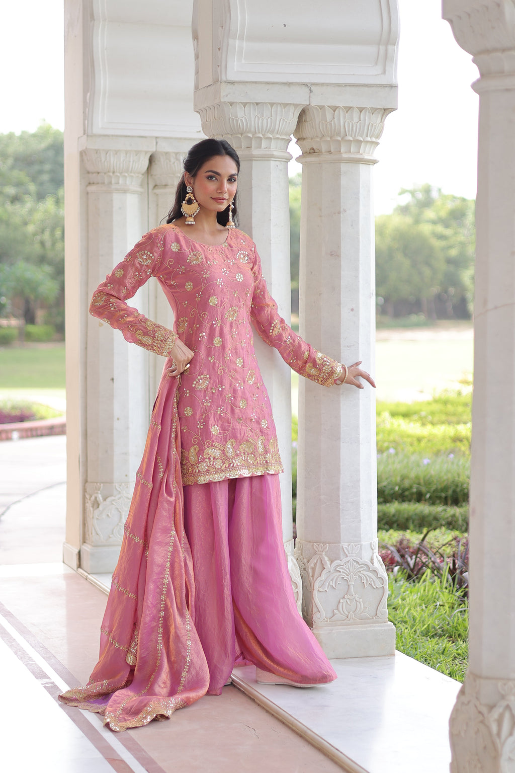 Nura pink Fendy silk kurti sharara set with rich sequins embroidered work