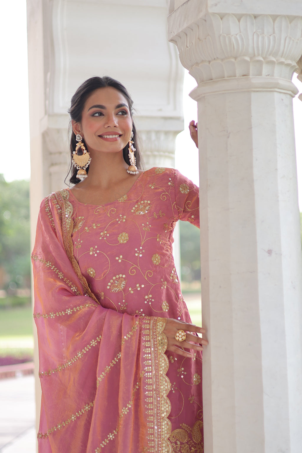 Nura pink Fendy silk kurti sharara set with rich sequins embroidered work