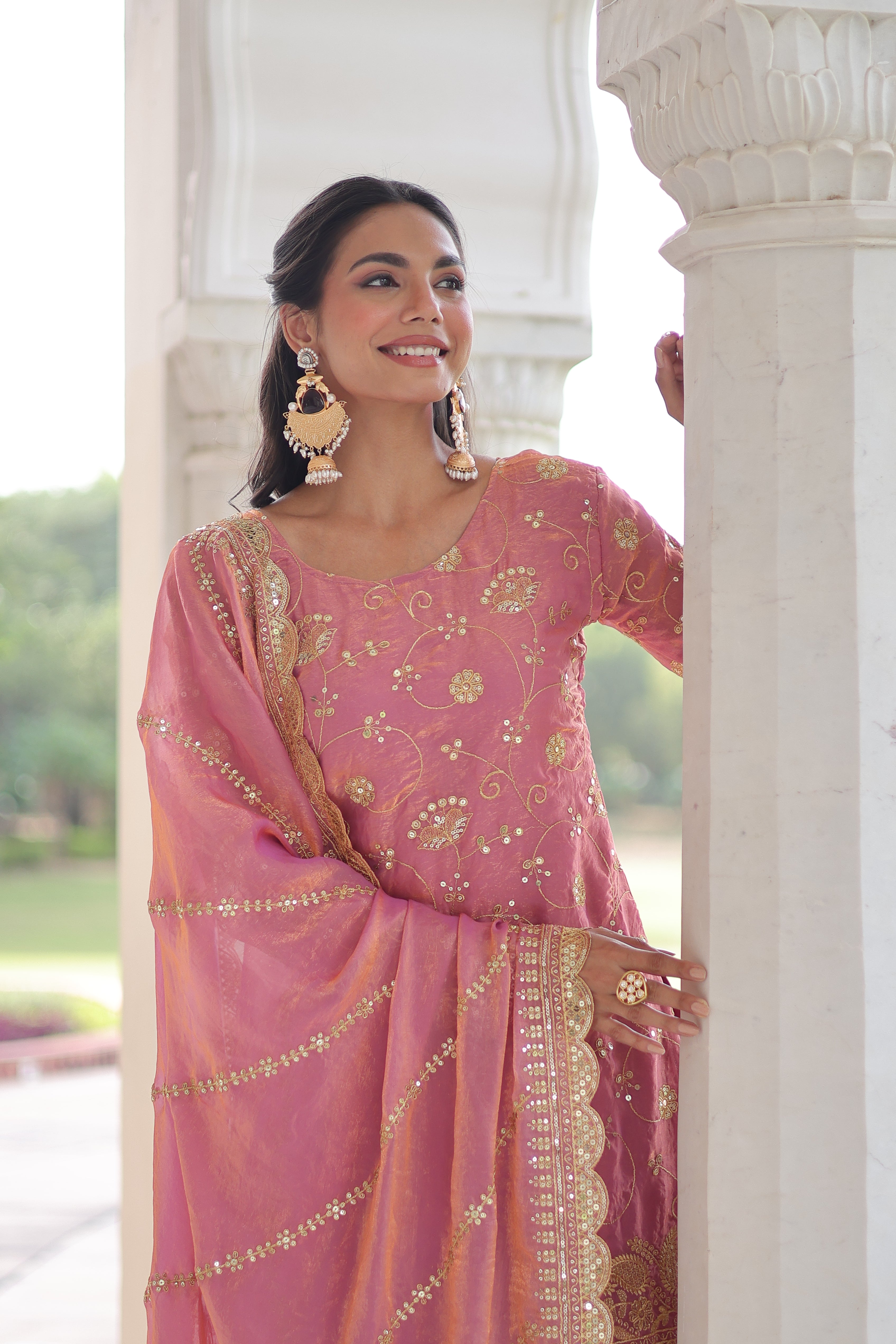 Nura pink Fendy silk kurti sharara set with rich sequins embroidered work