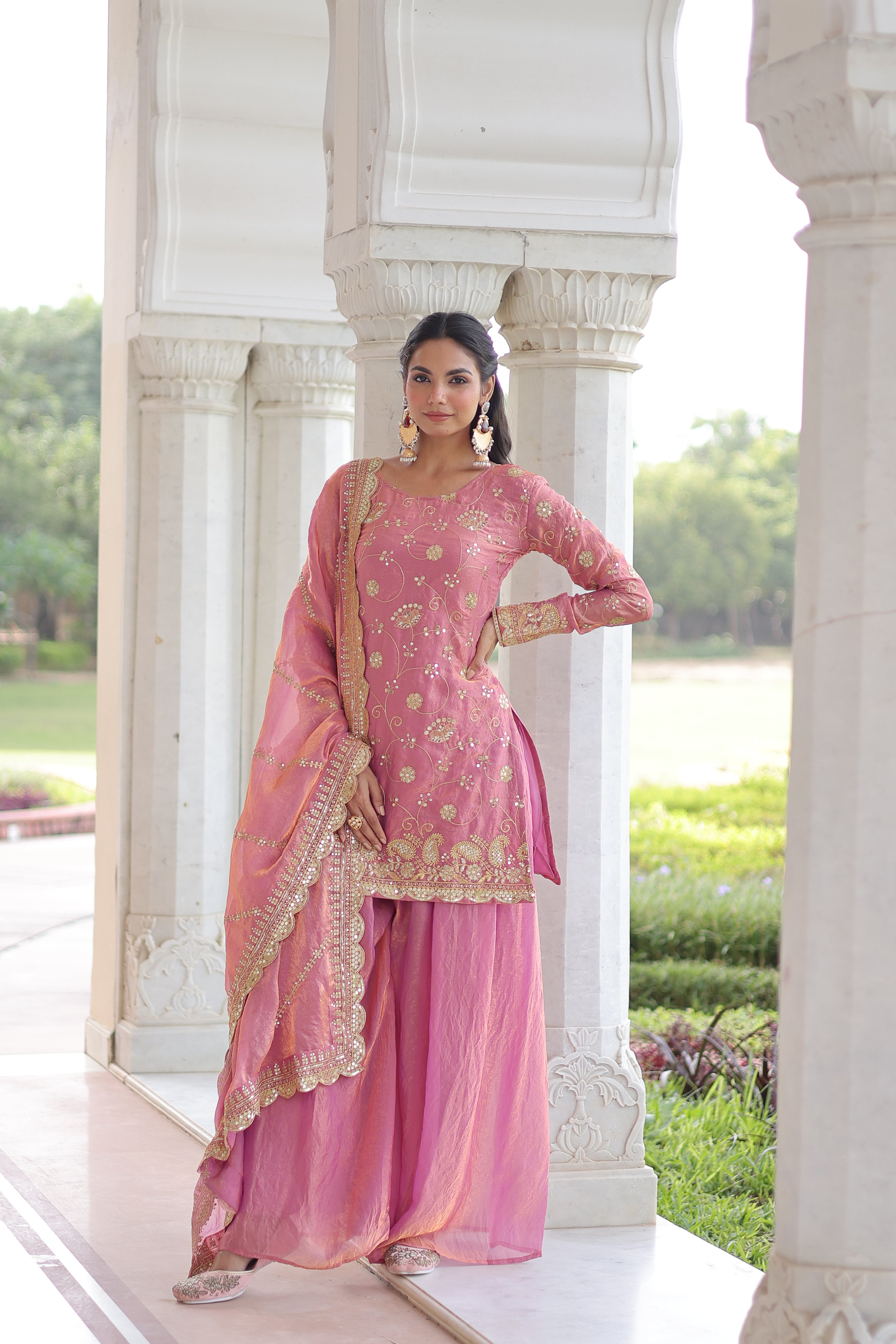 Nura pink Fendy silk kurti sharara set with rich sequins embroidered work