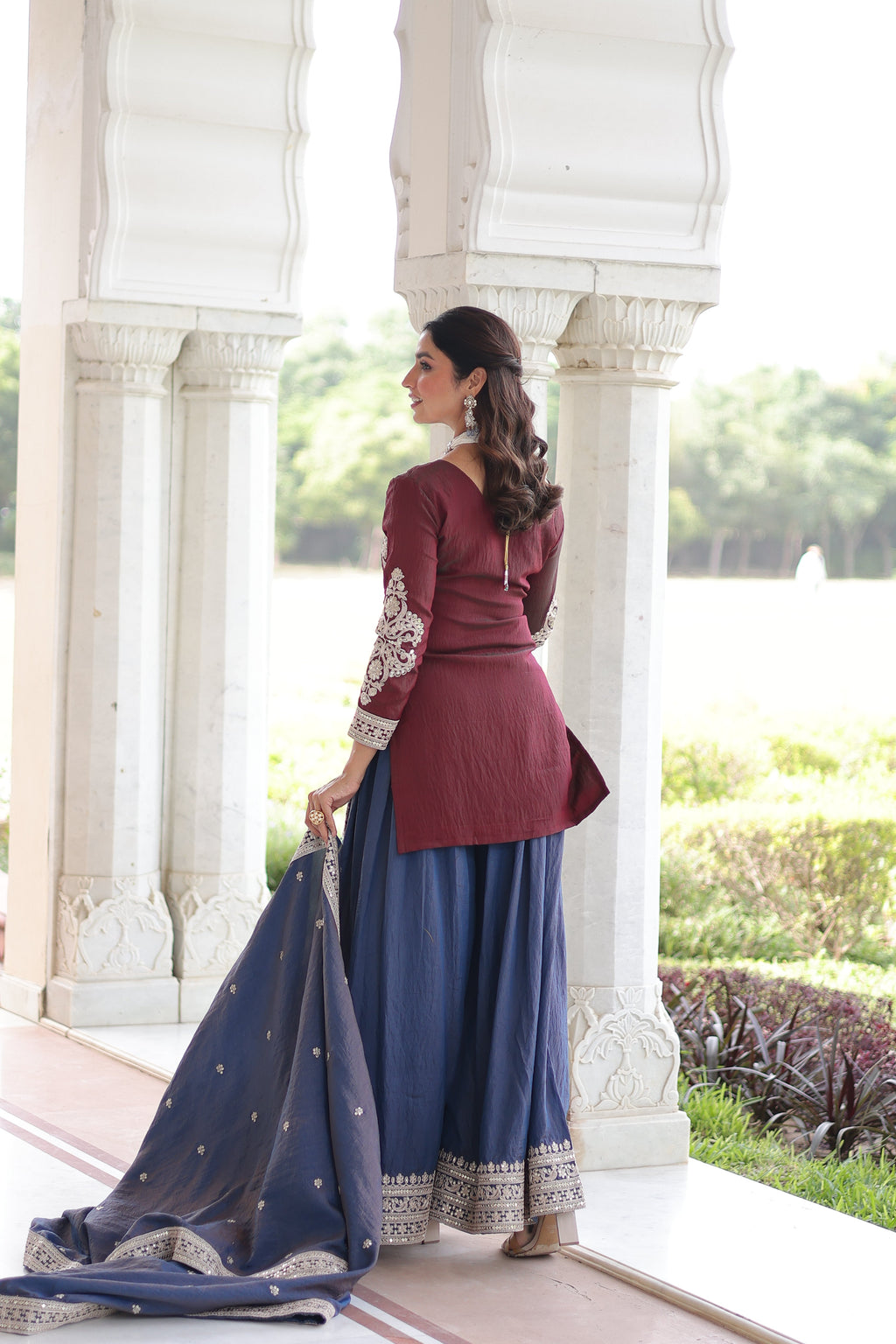 Vyara maroon silk kurti sharara set with sequins codding embroidery