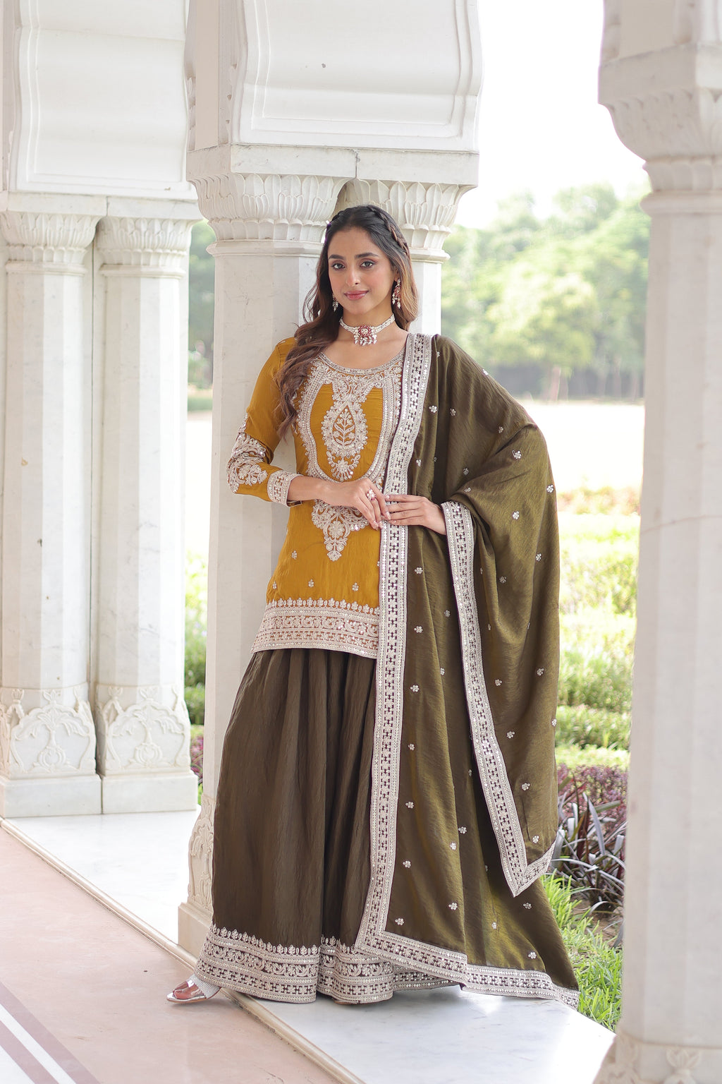 Vyara yellow silk kurti sharara set with sequins codding embroidery