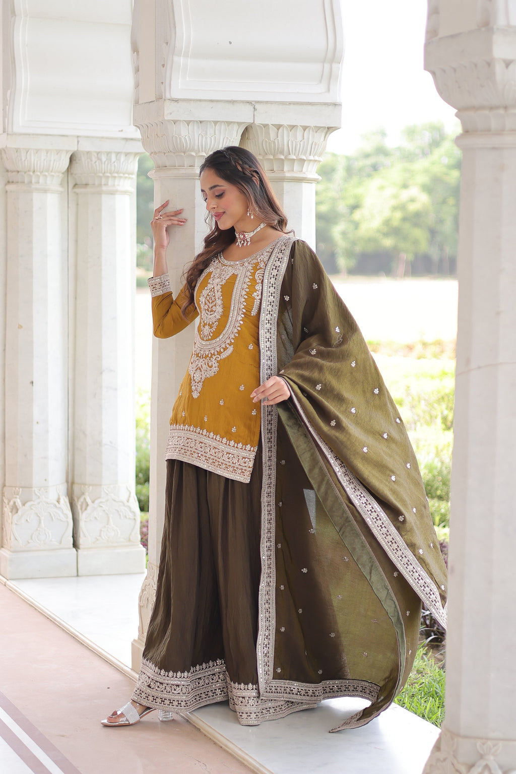 Vyara yellow silk kurti sharara set with sequins codding embroidery