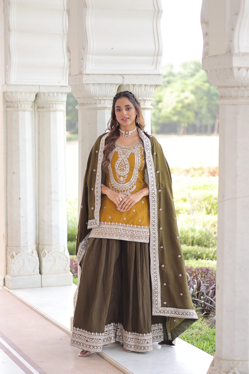 Vyara yellow silk kurti sharara set with sequins codding embroidery