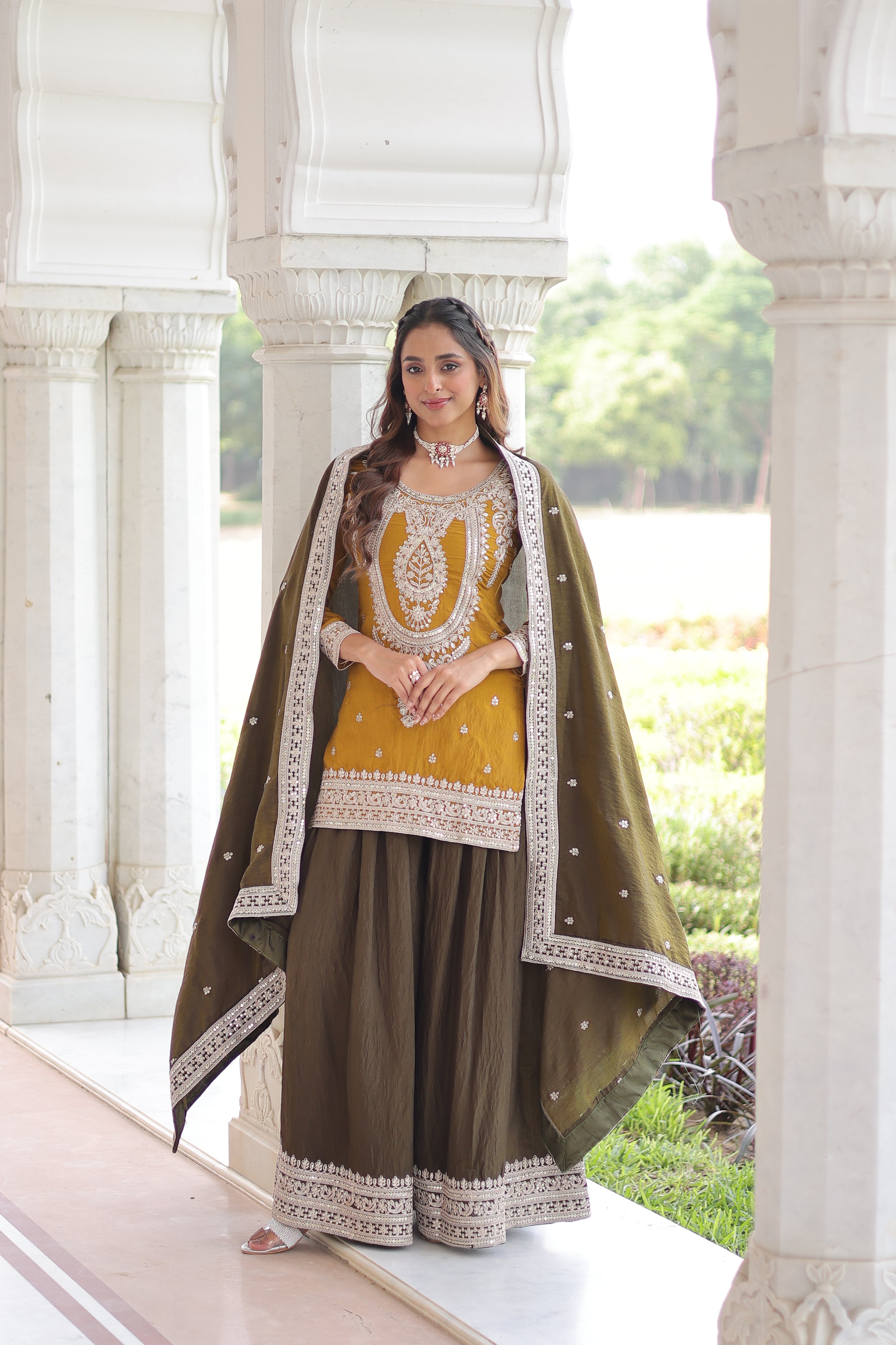 Vyara yellow silk kurti sharara set with sequins codding embroidery