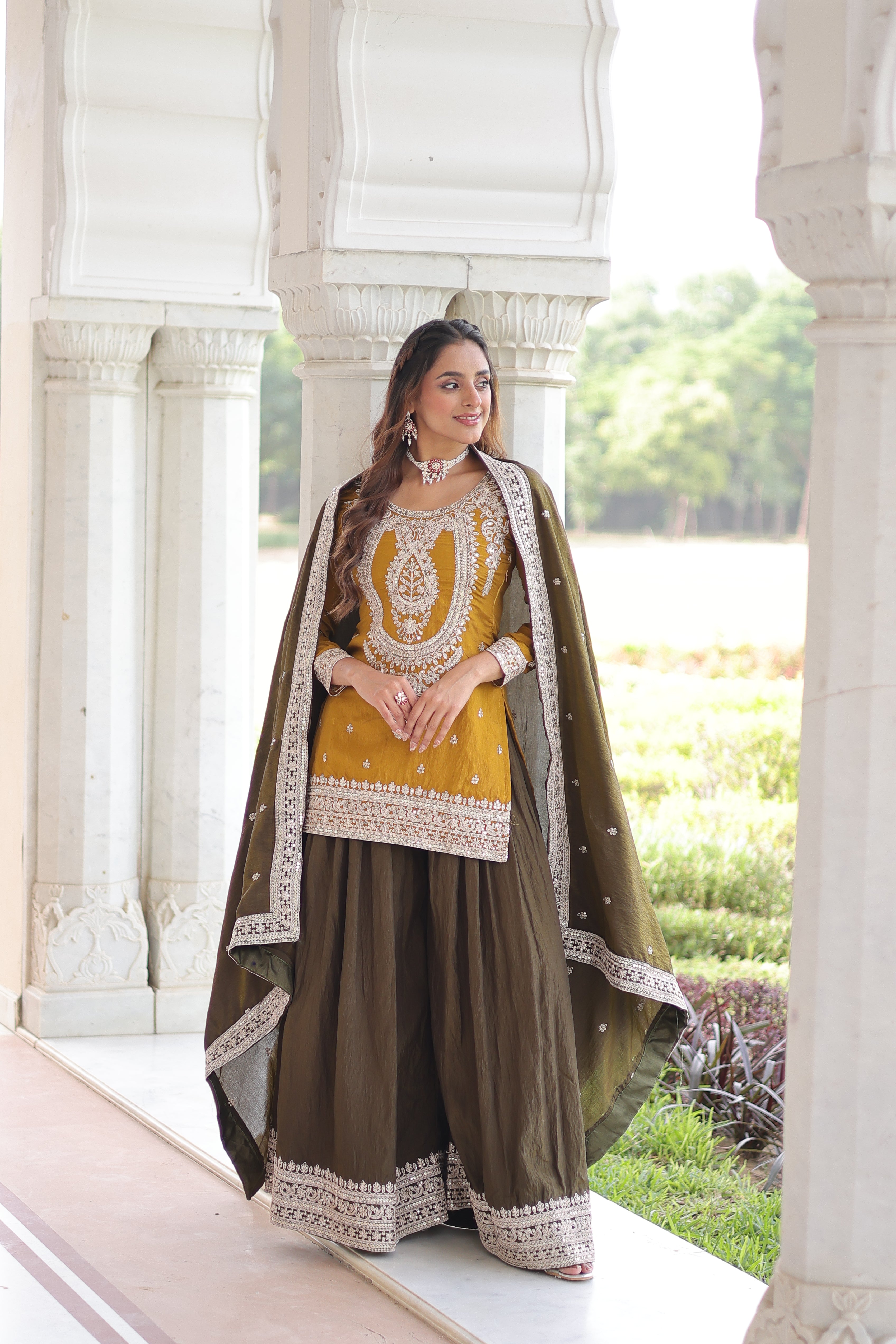 Vyara yellow silk kurti sharara set with sequins codding embroidery