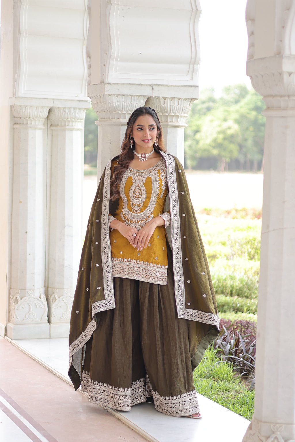 Vyara yellow silk kurti sharara set with sequins codding embroidery