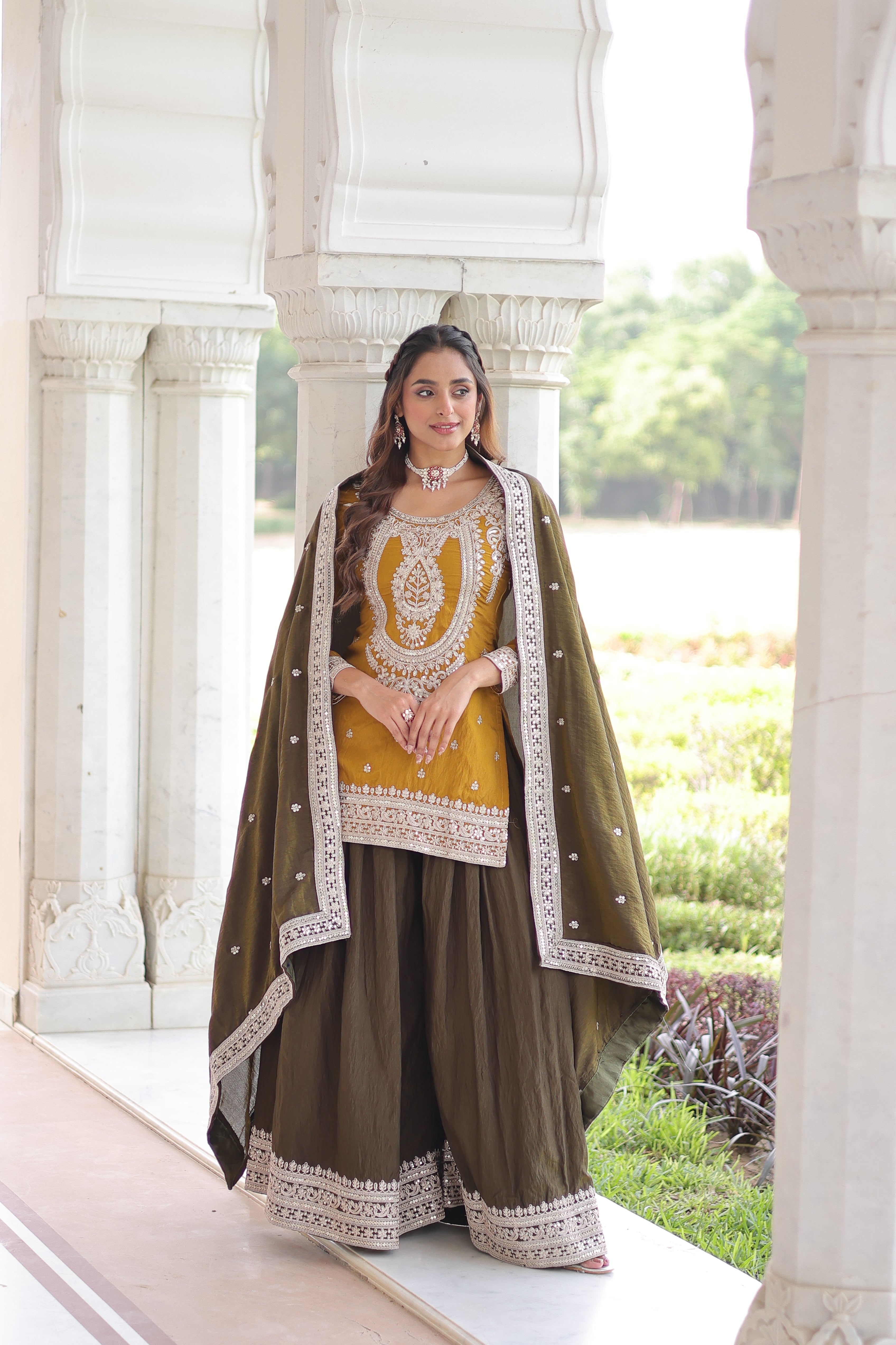 Vyara yellow silk kurti sharara set with sequins codding embroidery