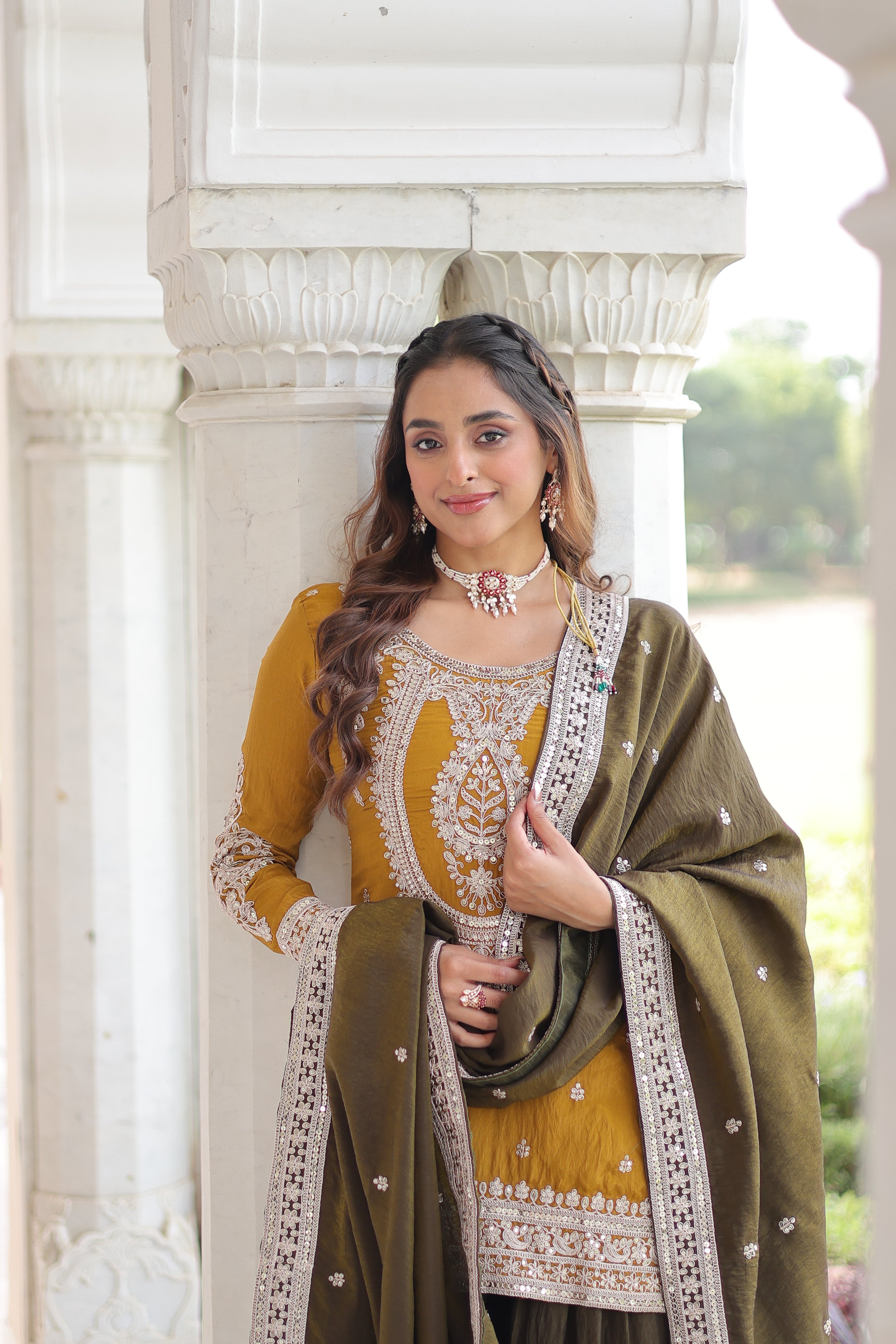 Vyara yellow silk kurti sharara set with sequins codding embroidery