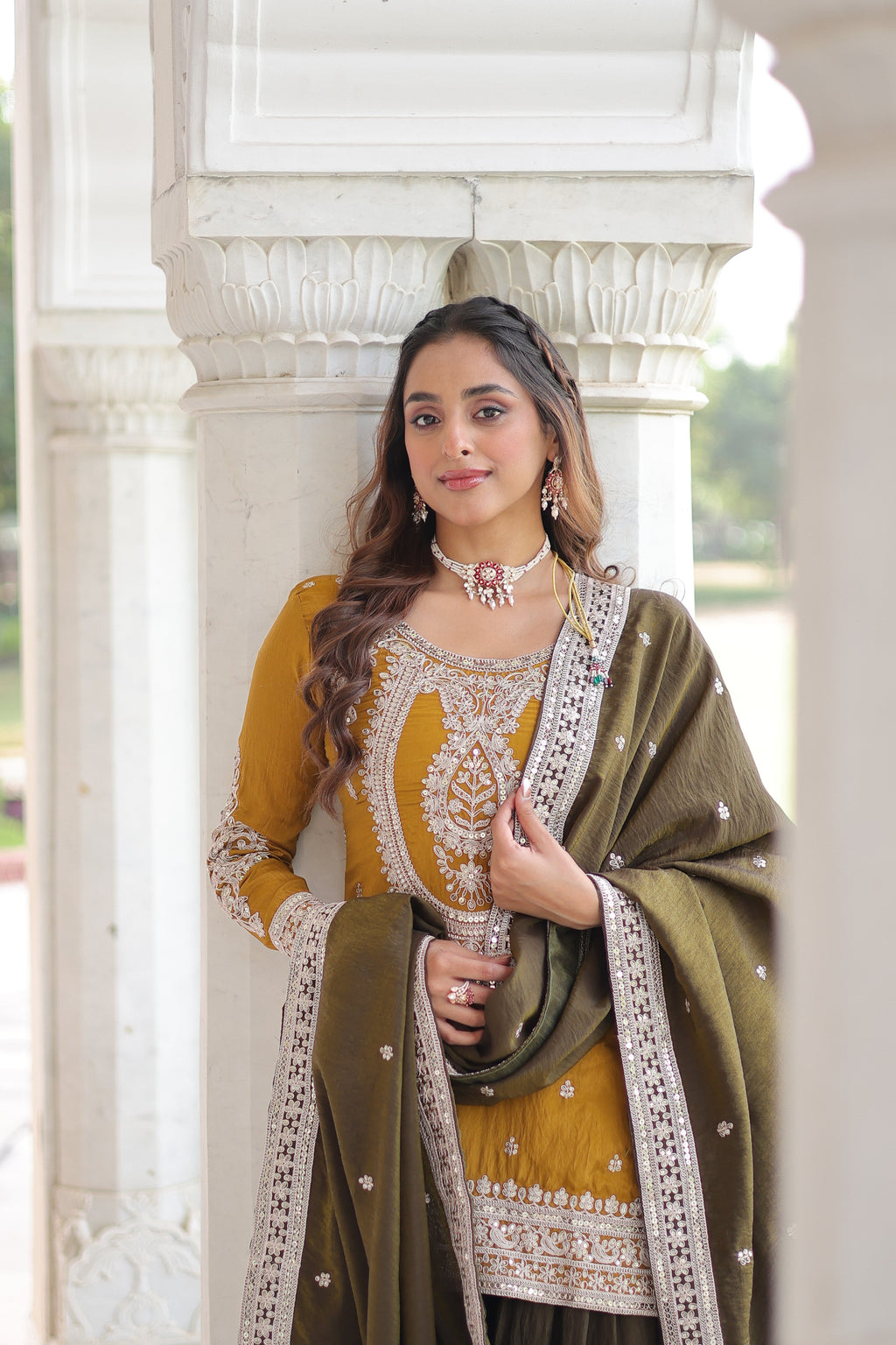 Vyara yellow silk kurti sharara set with sequins codding embroidery