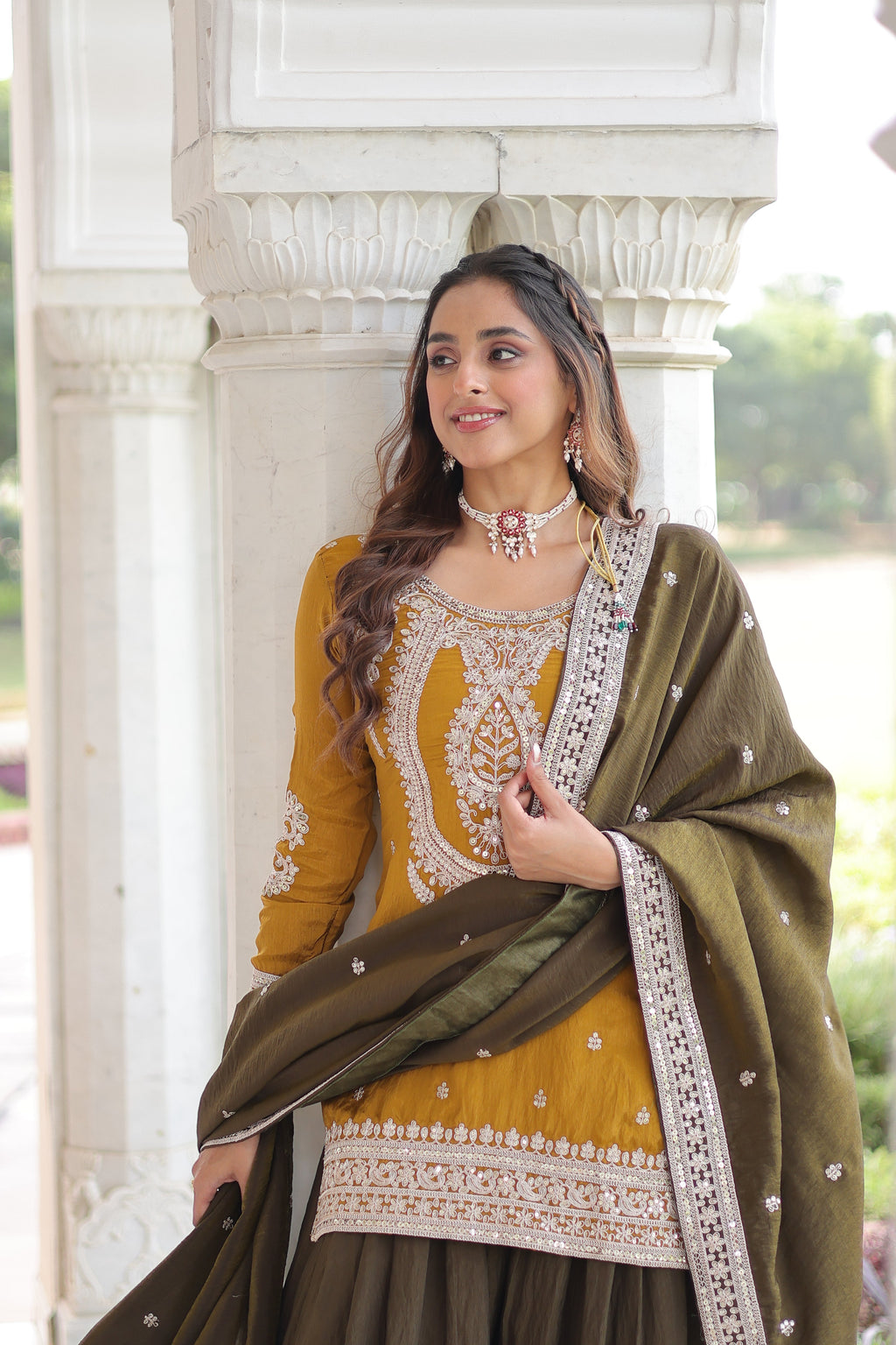 Vyara yellow silk kurti sharara set with sequins codding embroidery