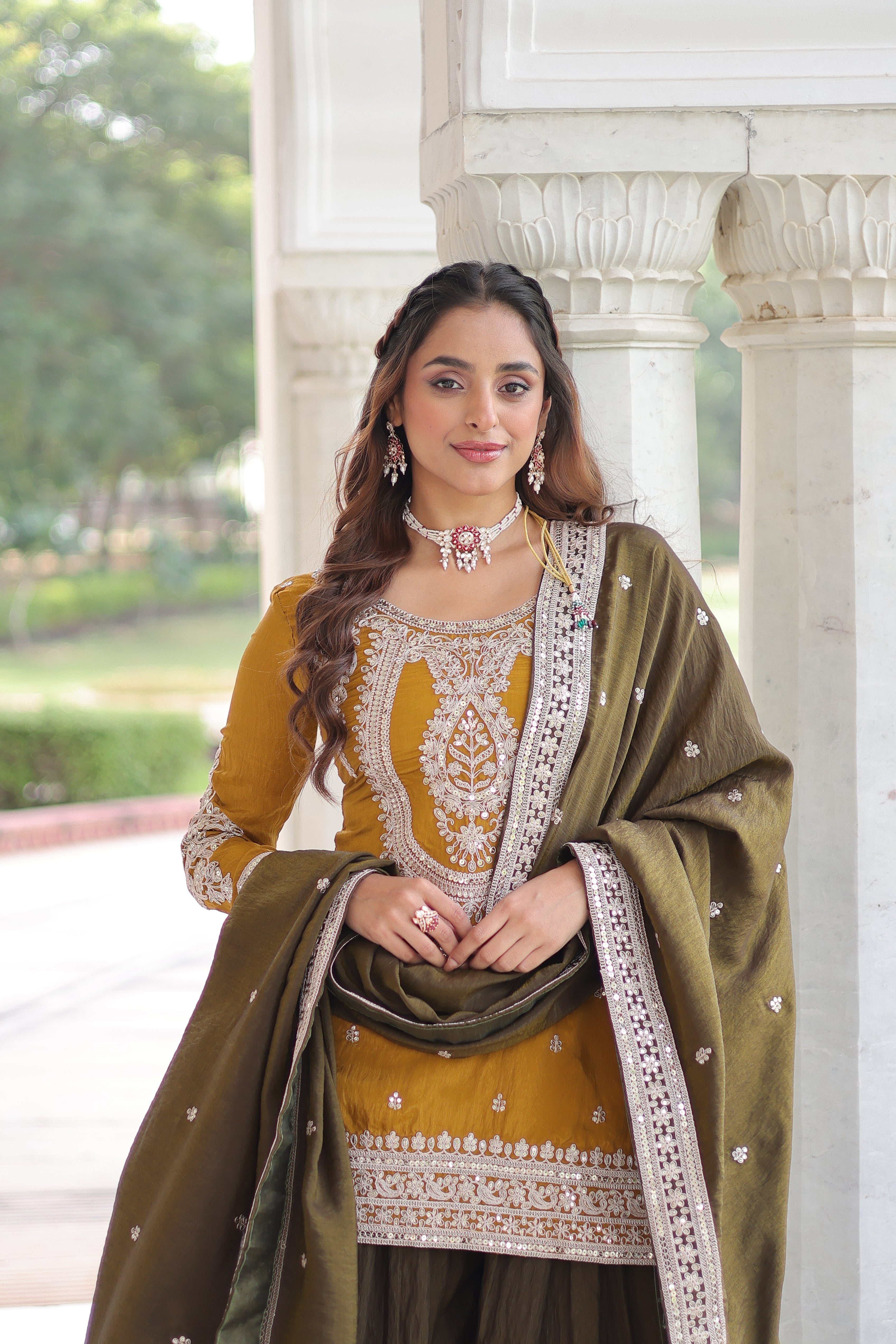 Vyara yellow silk kurti sharara set with sequins codding embroidery